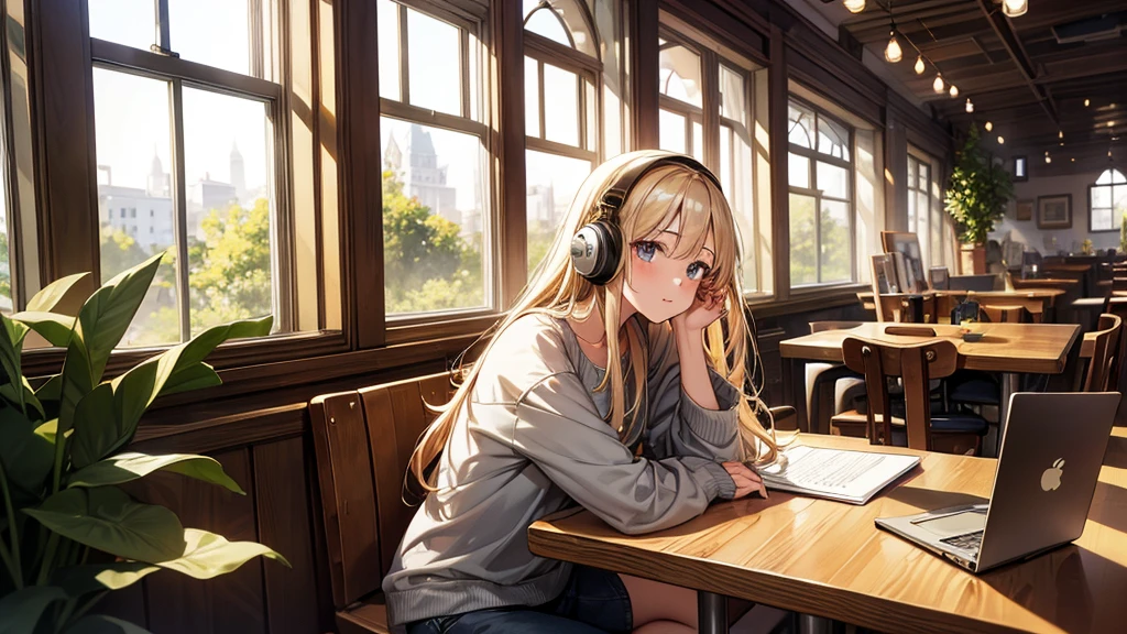 A beautiful and cute 20-year-old girl wearing headphones, studying in a cozy city cafe. The scene should depict a relaxed and serene atmosphere, with warm lighting and a soft, dreamy background. The girl has long, flowing hair, is dressed casually in comfortable clothes, and is surrounded by books and a laptop. The cafe interior is stylish, with wooden tables, plants, and a large window showing a peaceful urban street outside.