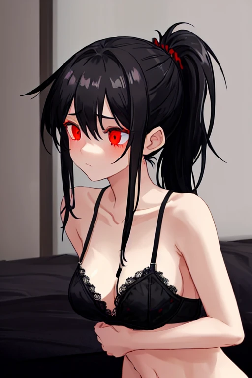 Girl with black hair tied in a ponytail having sex in semi-naked black lingerie with lace eyes, one black and one red