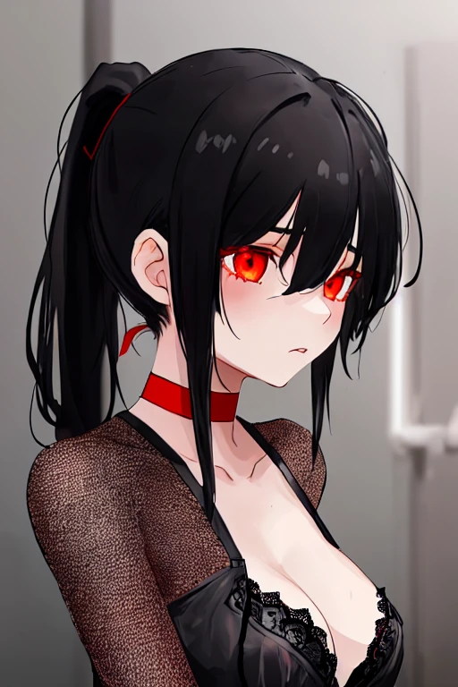 Girl with black hair tied in a ponytail having sex in semi-naked black lingerie with lace eyes, one black and one red