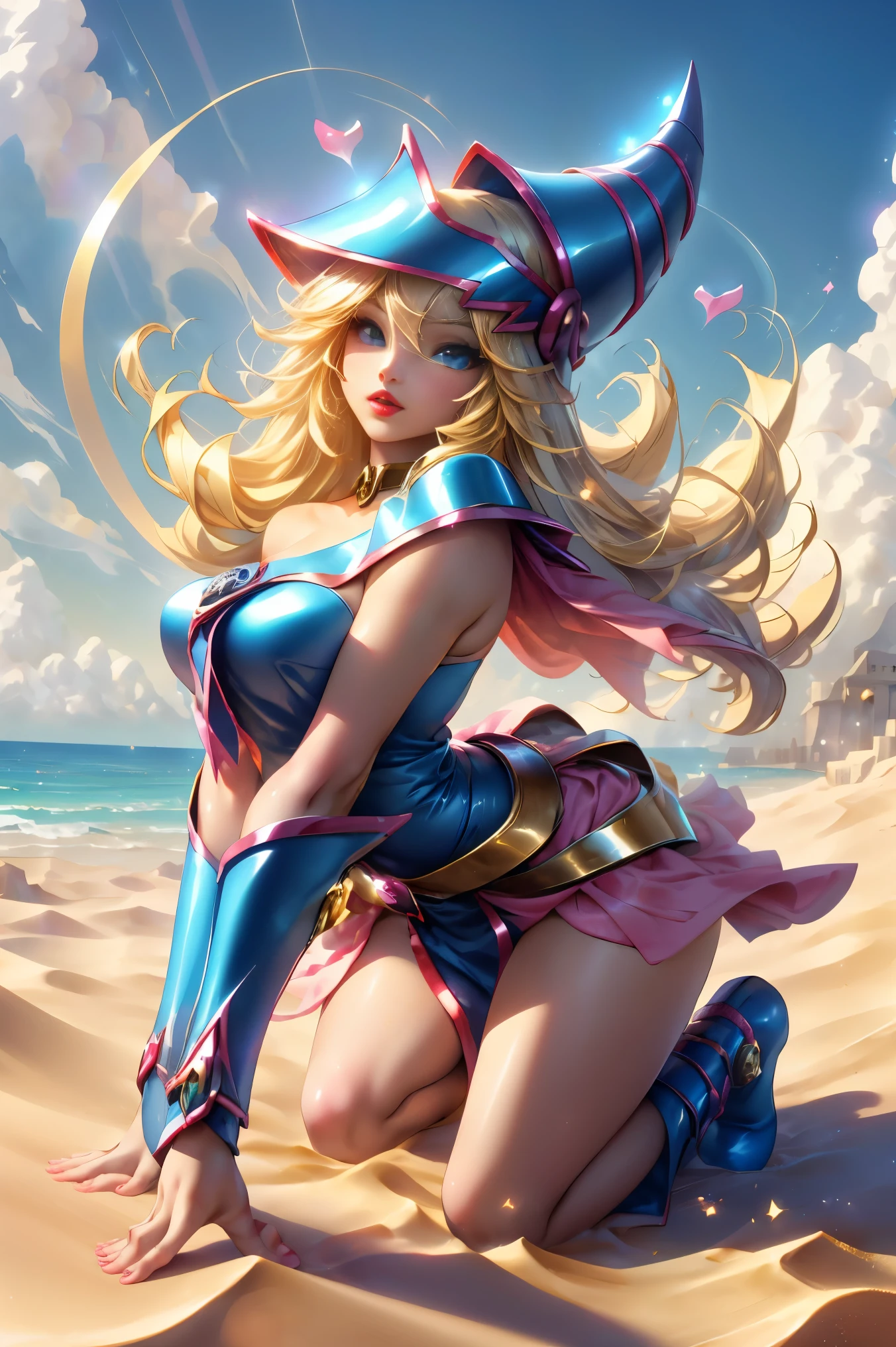 Dark magician gils dressed as the sand goddess from Saint Seiya. Vestido white, tight, white. blond hair. blue eyes. Red lips. Whole body. Athena background. Sensual and innocent pose. Magic circle around you. Magic of the heart in the air. 