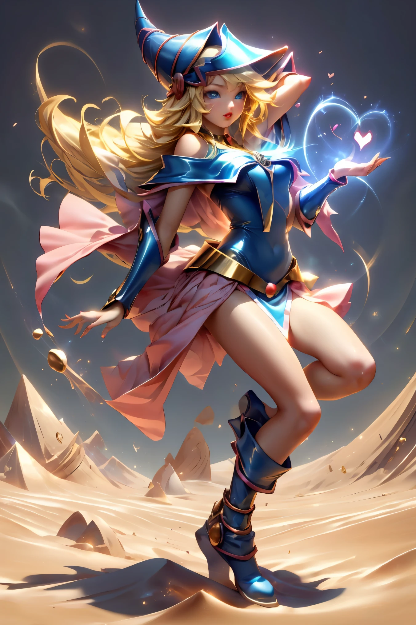 Dark magician gils dressed as the sand goddess from Saint Seiya. Vestido white, tight, white. blond hair. blue eyes. Red lips. Whole body. Athena background. Sensual and innocent pose. Magic circle around you. Magic of the heart in the air.