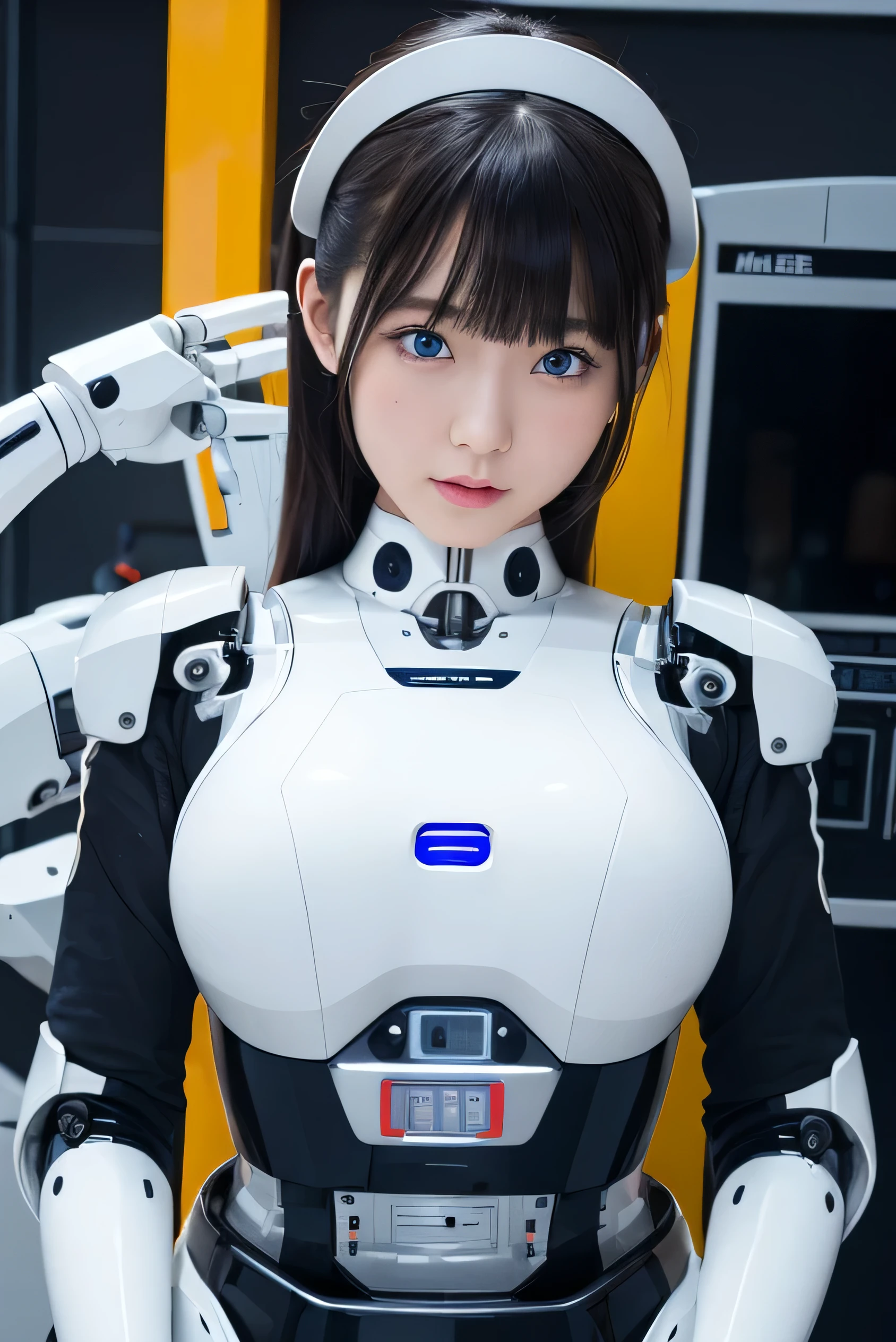 masterpiece, best quality, extremely detailed, Japaese android girl,Plump , control panels,android,Droid,Mechanical Hand, ,Robot arms and legs, Black hair,Mechanical body,Blunt bangs,White Robotics Parts,perfect robot woman,Charging spot,perfect mechanical body,white robotics body,android assembly plant,white body,She has repaired,black sponge joints,android,robot laboratory,navy apron,perfect machine body,white robot body,blue eyes