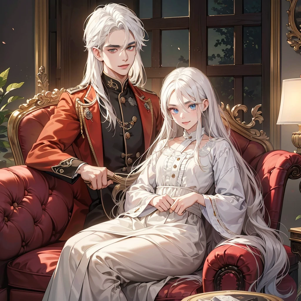 (masutepiece, Digital Art, Digital Illustration, 4K, 8K, Ultra-detailed, beautiful image, Sharp Image, Photorealistic, Raw photo, Perfect face, Perfect lines, Perfect eyes, Soft lighting) 1 male human, (A white hair, of hair between the eyes, long hair, Lowered eyebrows, Beauty,kindly smile,ember,40 years old:1.3),Handsome men, Antique furniture, Antique sofa