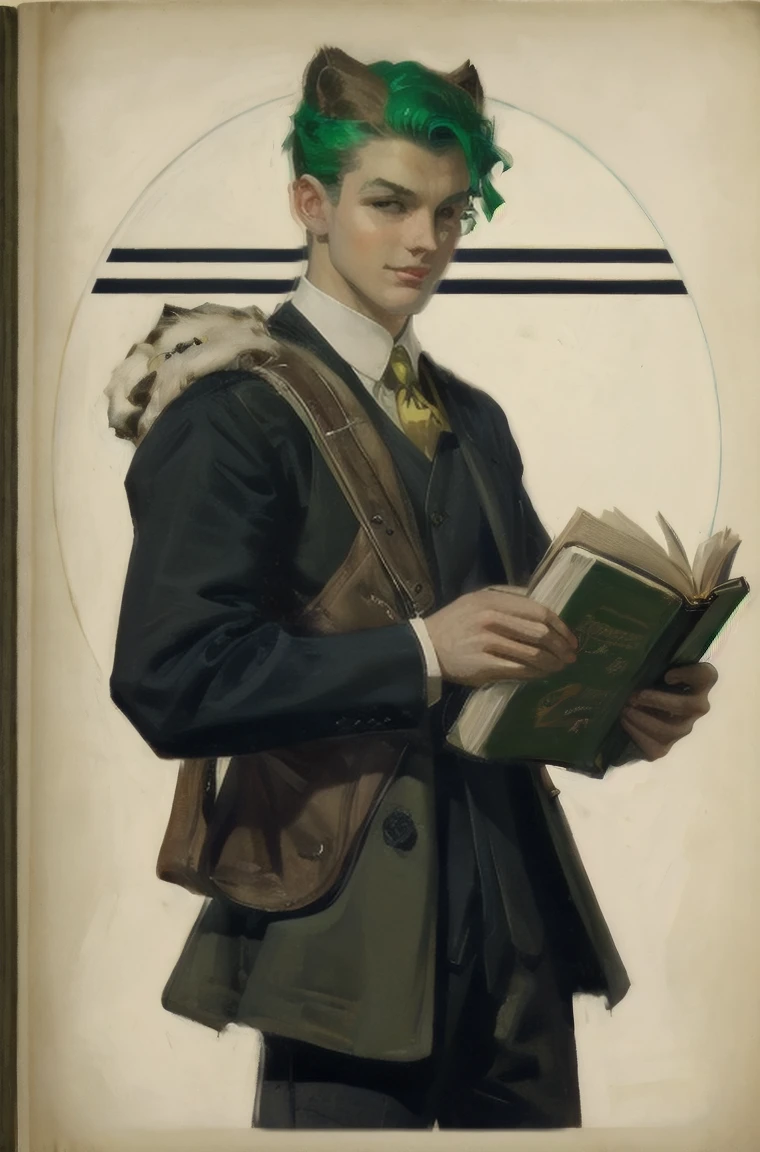 (masterpiece), (Best quality), (detailed), (a high resolution), (aesthetic), Leyendecker, story book design, extremely detailed face, perfect lighting, (1 Young man with green hair, Short, fluffy hair, split up in the middle. in golden round glasses, yellow eyes, has lynx ears, a mysterious smile on his face, and has a bright green color. and without a twinkle in the eyes:1.2, (masterpiece:1.4, Best quality),