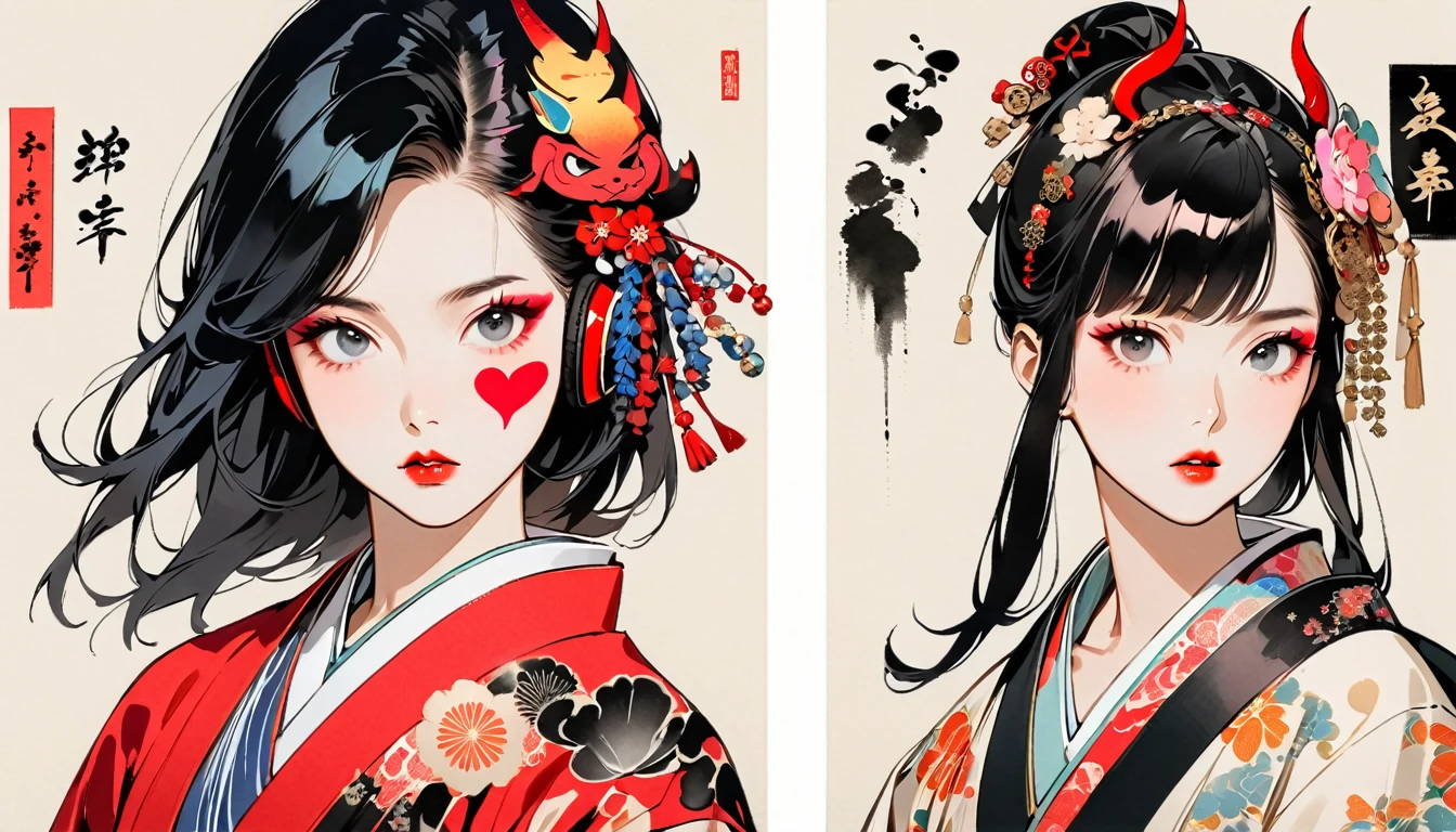 (((Ink Painting))), Fashion portrait color photos, (((1 girl))), (((devil))), (((Heart tattoo on face))), (((Very flashy hair accessories))), (((Very flashy makeup))), Japanese style headphones, front view, Japan人の美女, Black Hair, Delicate and precise, Modern ukiyo-e style,Japan, Droopy eyes, round face, Fuller lips, vivid color