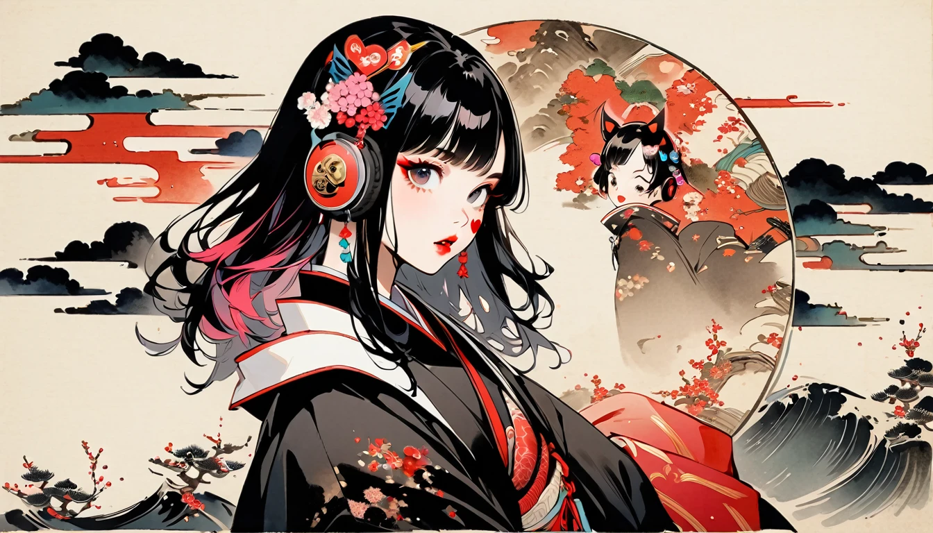 (((Ink Painting))), Fashion portrait color photos, (((1 girl))), (((devil))), (((Heart tattoo on face))), (((Very flashy hair accessories))), (((Very flashy makeup))), Japanese style headphones, front view, Japan人の美女, Black Hair, Delicate and precise, Modern ukiyo-e style,Japan, Droopy eyes, round face, Fuller lips, vivid color
