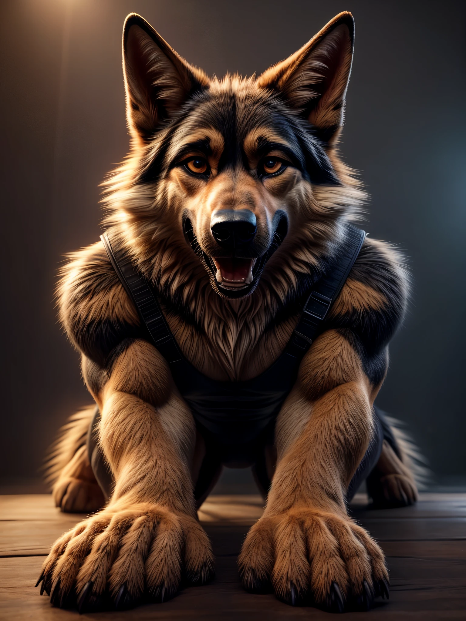 correctly eyes, clotheless, anatomically correct, headshot, german shepard, deep red stripes and white fur color, full body, sexy look, open mouth, sexy eyes, dominant, paws, 1guy, male, basemant background, fluffy fur, best quality, masterpiece, detailed, correctly eyes,
