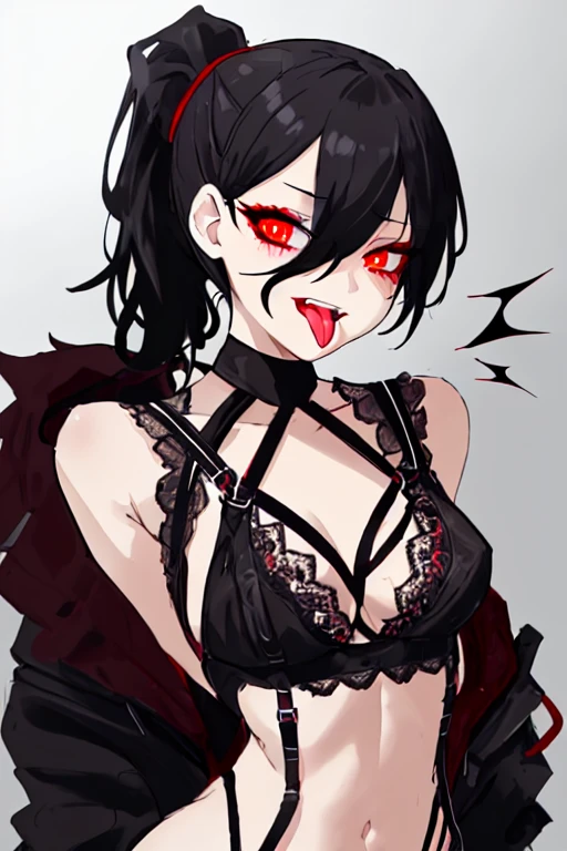 Girl with black hair tied in a ponytail having sex in semi-naked black lingerie with lace eyes, one black and one red, with an excited expression with her tongue sticking out