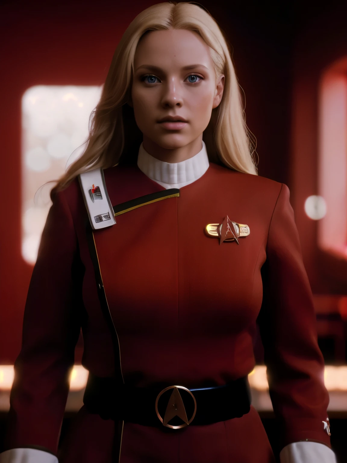 beautiful blond woman in twokunf red uniform,professional photograph of a stunning woman detailed, sharp focus, dramatic, award winning, cinematic lighting, octane render, unreal engine, volumetrics dtx, (film grain, bokeh, blurry foreground, blurry background