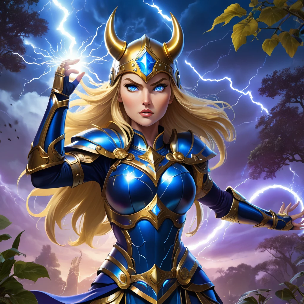 A blonde woman, (glowing blue eyes), she wears (shiny dark blue armor) with gold trim, reflective surface, intricate details, Viking helmet covers her head, boob window. Stern expression, (detailed hands and fingers, gold gauntlet). She stands firmly on the ground with one arm outstretched with lightning shooting from her hand towards a target off screen, bright blue electricity shoots from her hand, lightning bolt shoots from her hand. dynamic exaggerated poses. Eternia background, multicolor sky, 3 moons in the sky, multiple moons.in a thick dark jungle, vines, purple trees, blue leaves. dramatic shadows.