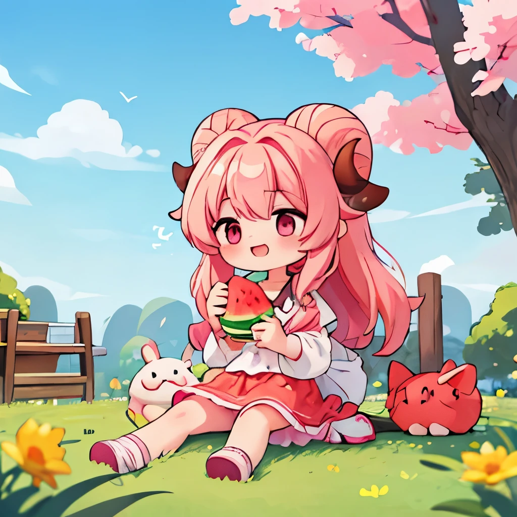 An anime-style illustration of ‘Fua-chan’ eating watermelon. Fua-chan has distinctive features: long pink hair styled in soft curls resembling sheep’s horns, and pink eyes. She is depicted sitting outside on a sunny day, holding a large slice of red watermelon with a cheerful and satisfied expression as she takes a bite. She is wearing casual summer clothing suitable for the warm weather. The background shows a bright and sunny outdoor setting, perhaps a garden or park, with green grass and blue skies, creating a refreshing and joyful atmosphere.