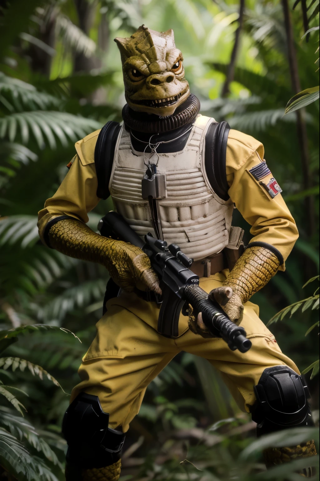 trandoshan alien,yellow jumpsuit,red collar, holding a rifle,white and black armor,in a jungle