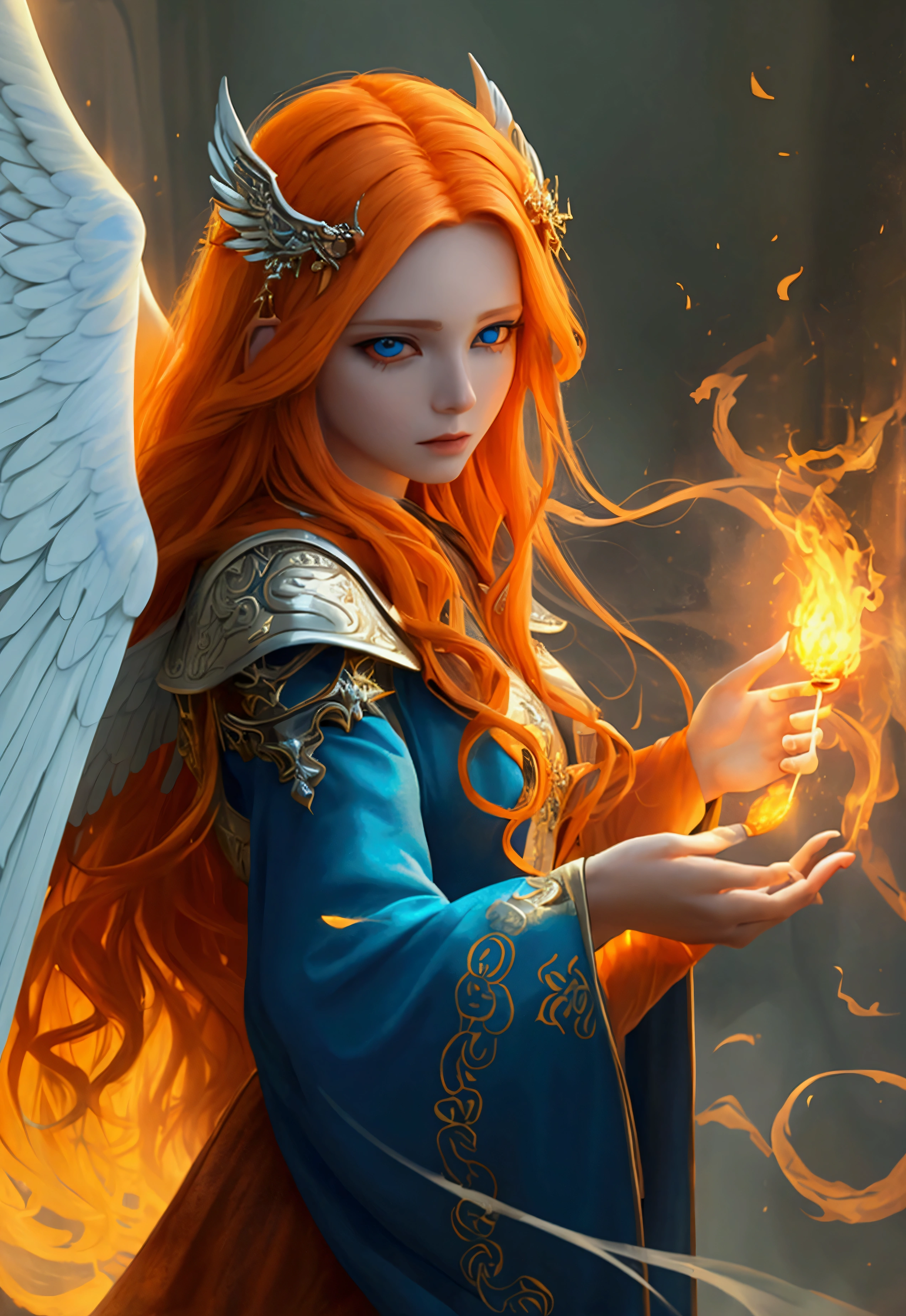 a picture  female aasimar sorceress casting a fire spell,  exremley beautiful female aasimar, orange hair, long hair, wavy hair, dynamic eyes color, angelic eyes, radiant magical eyes, ultra detailed face, spread angelic wings, white angelic wings, wearing dynamic color robe, wearing blue cloak, long cloak, flowing cloak with fire motifs,  armed with magical staff,  manipulating fire magical energy, vibrant, Ultra-high resolution, High Contrast, (masterpiece:1.5), highest quality, Best aesthetics), best details, best quality, highres, 16k, [ultra detailed], masterpiece, best quality, (extremely detailed) RAW, fantasy art, dnd art, angel_wings