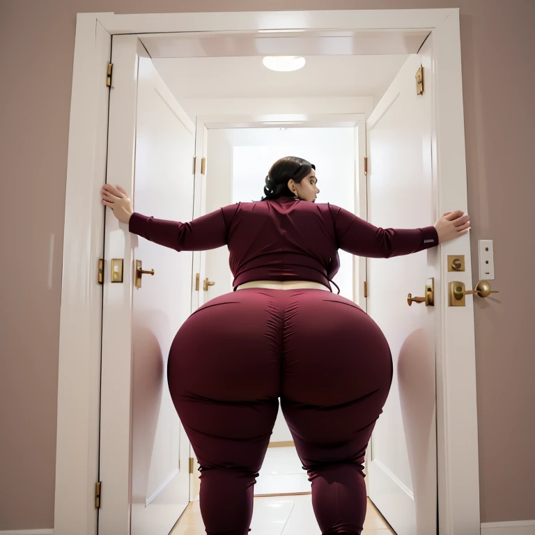 masterpiece, 1girl behind a doorway, from behind, (doorstuck, stuckbehind:1.3), ssbbw ,huge hips, round belly, thick thighs, giant butt,colorful clothing, wearing a maroon red suit and tie and formal pants, upset, desperately trying to wiggle through, she tries to free herself but she won't budge, she is stuck tight view from behind, she is too wide, the doorway is quite narrow too, she kicks her legs furiously, trying to wiggle her hips through the small door, but its no good, the door is too small, she keeps trying to squeeze through with frustration, she is stuck too tight
