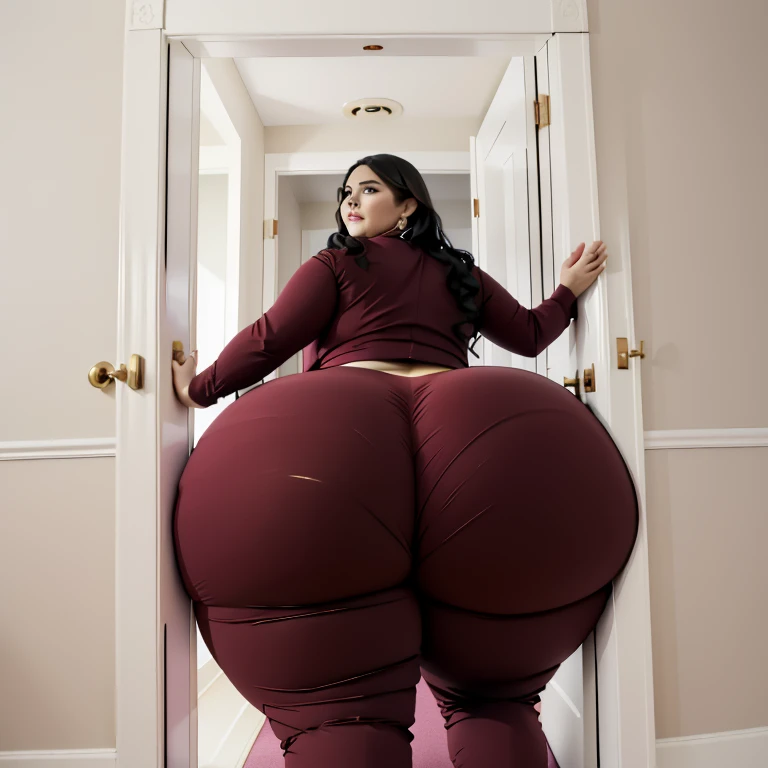 masterpiece, 1girl behind a doorway, from behind, (doorstuck, stuckbehind:1.3), ssbbw ,huge hips, round belly, thick thighs, giant butt,colorful clothing, wearing a maroon red suit and tie and formal pants, upset, desperately trying to wiggle through, she tries to free herself but she won't budge, she is stuck tight view from behind, she is too wide, the doorway is quite narrow too, she kicks her legs furiously, trying to wiggle her hips through the small door, but its no good, the door is too small, she keeps trying to squeeze through with frustration, she is stuck too tight
