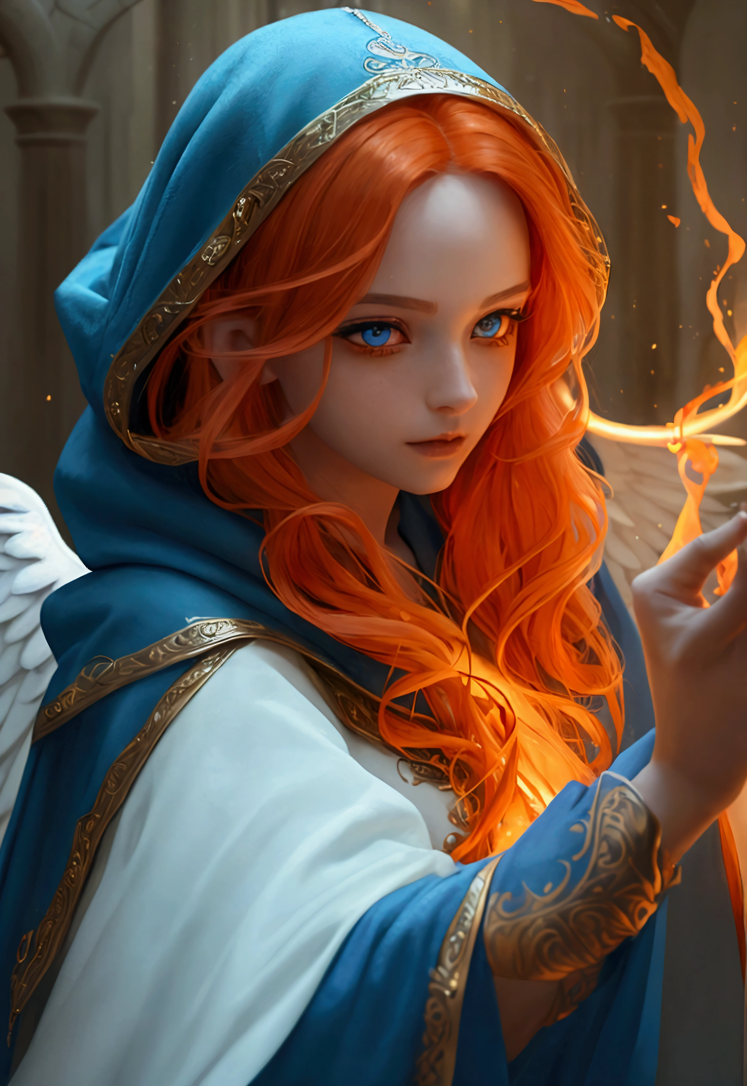 a picture  female aasimar sorceress casting a fire spell,  exremley beautiful female aasimar, orange hair, long hair, wavy hair, dynamic eyes color, angelic eyes, radiant magical eyes, ultra detailed face, spread angelic wings, white angelic wings, wearing dynamic color robe, wearing blue cloak, long cloak, flowing cloak with fire motifs,  armed with magical staff,  manipulating fire magical energy, vibrant, Ultra-high resolution, High Contrast, (masterpiece:1.5), highest quality, Best aesthetics), best details, best quality, highres, 16k, [ultra detailed], masterpiece, best quality, (extremely detailed) RAW, fantasy art, dnd art, angel_wings