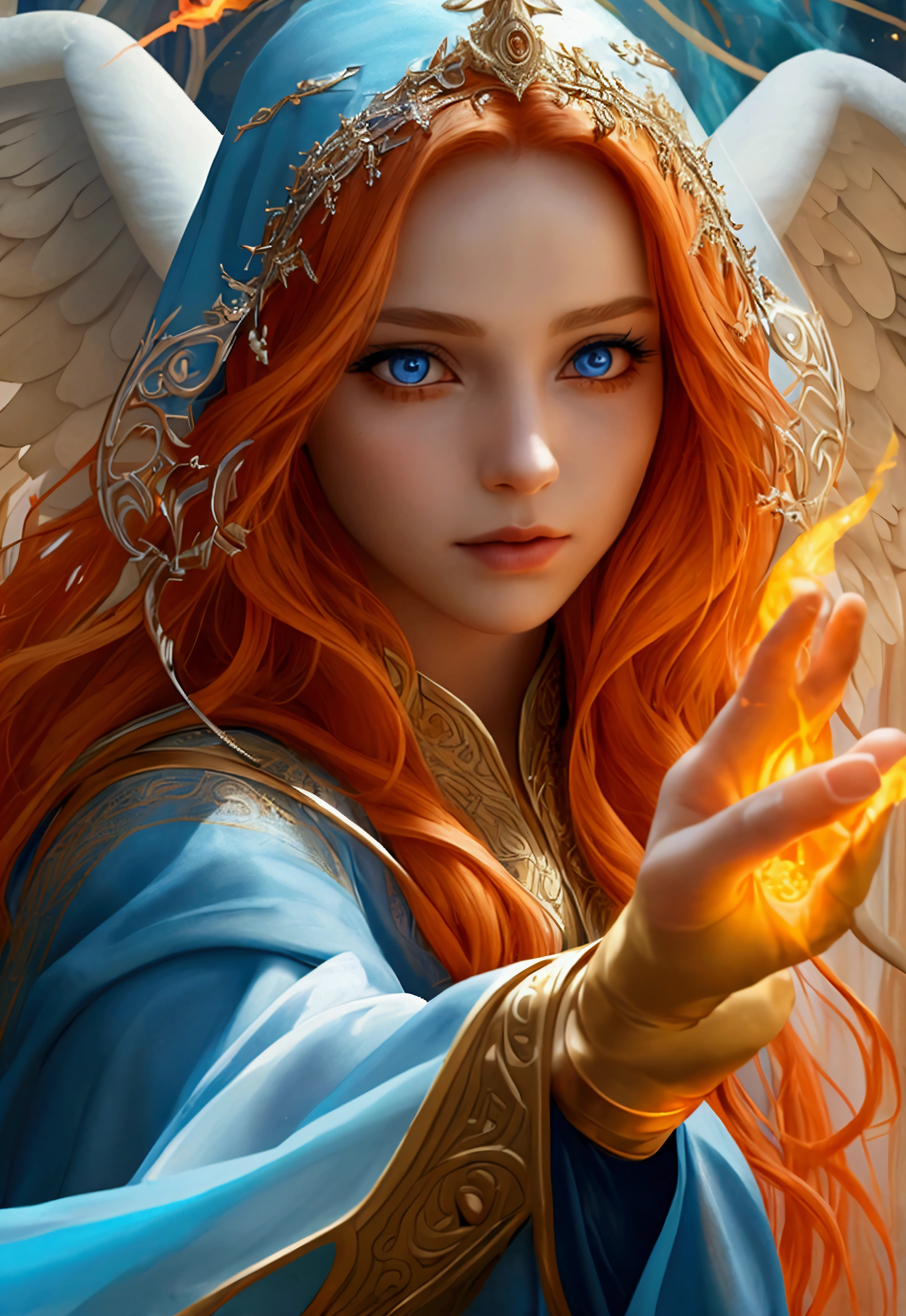 a picture  female aasimar sorceress casting a fire spell,  exremley beautiful female aasimar, orange hair, long hair, wavy hair, dynamic eyes color, angelic eyes, radiant magical eyes, ultra detailed face, spread angelic wings, white angelic wings, wearing dynamic color robe, wearing blue cloak, long cloak, flowing cloak with fire motifs,  armed with magical staff,  manipulating fire magical energy, vibrant, Ultra-high resolution, High Contrast, (masterpiece:1.5), highest quality, Best aesthetics), best details, best quality, highres, 16k, [ultra detailed], masterpiece, best quality, (extremely detailed) RAW, fantasy art, dnd art, angel_wings