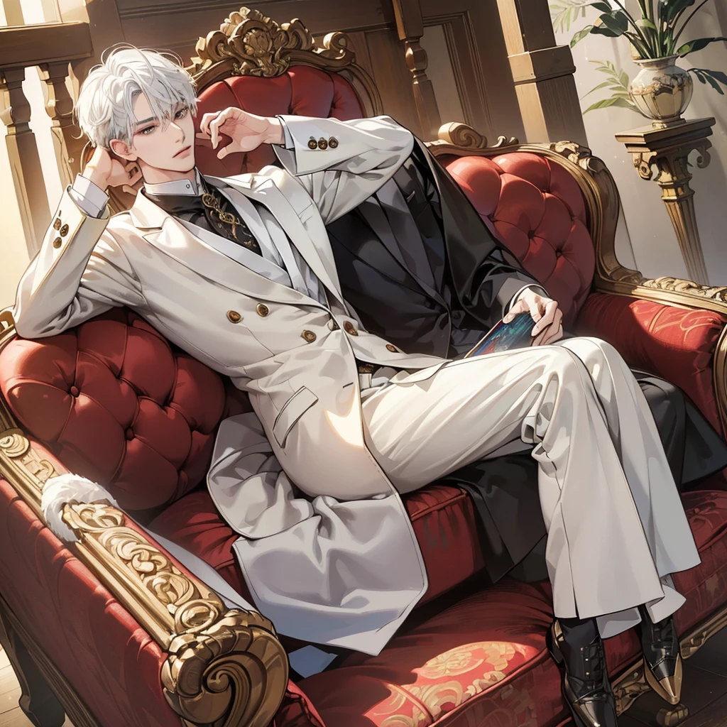 (masutepiece, Digital Art, Digital Illustration, 4K, 8K, Ultra-detailed, beautiful image, Sharp Image, Photorealistic, Raw photo, Perfect face, Perfect lines, Perfect eyes, Soft lighting) 1 Handsome men, white hair, handsome suit, Antique furniture, Antique sofa