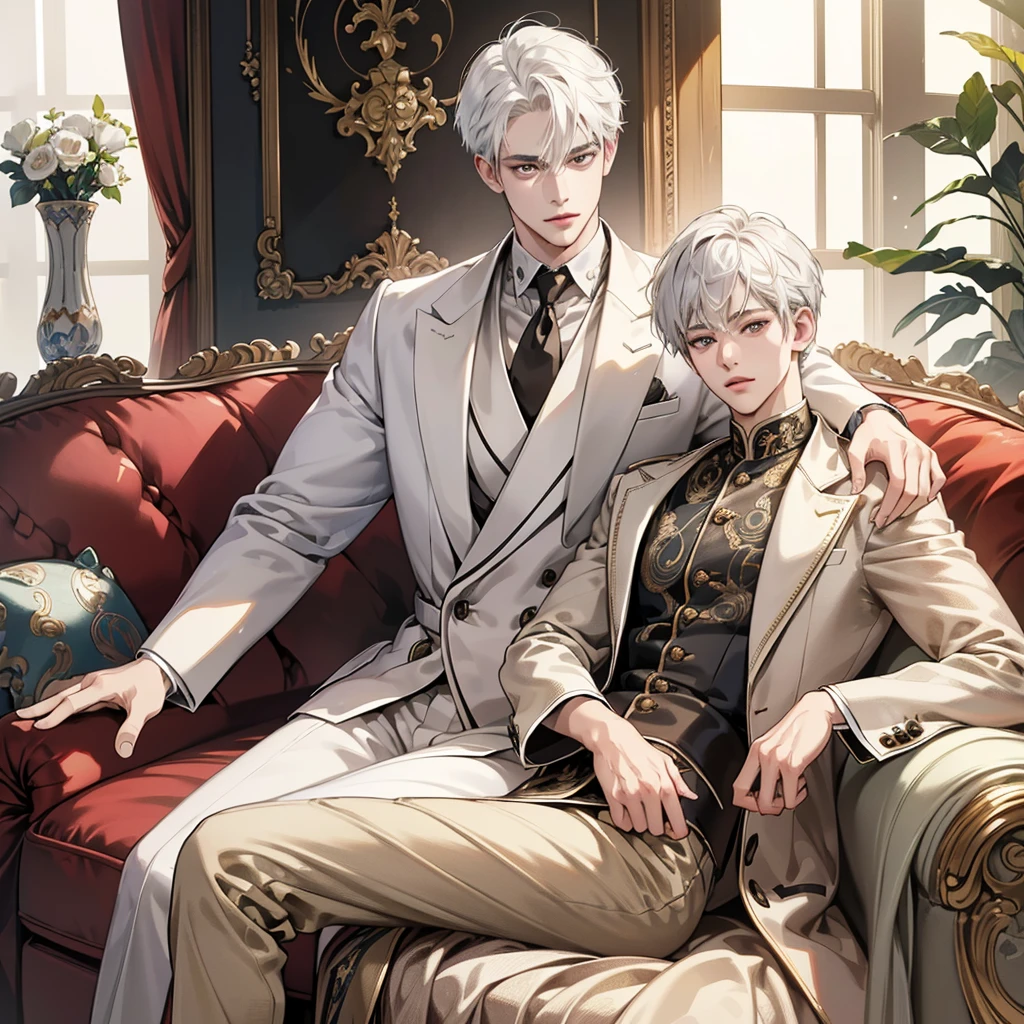 (masutepiece, Digital Art, Digital Illustration, 4K, 8K, Ultra-detailed, beautiful image, Sharp Image, Photorealistic, Raw photo, Perfect face, Perfect lines, Perfect eyes, Soft lighting) 1 Handsome men, white hair, handsome suit, Antique furniture, Antique sofa