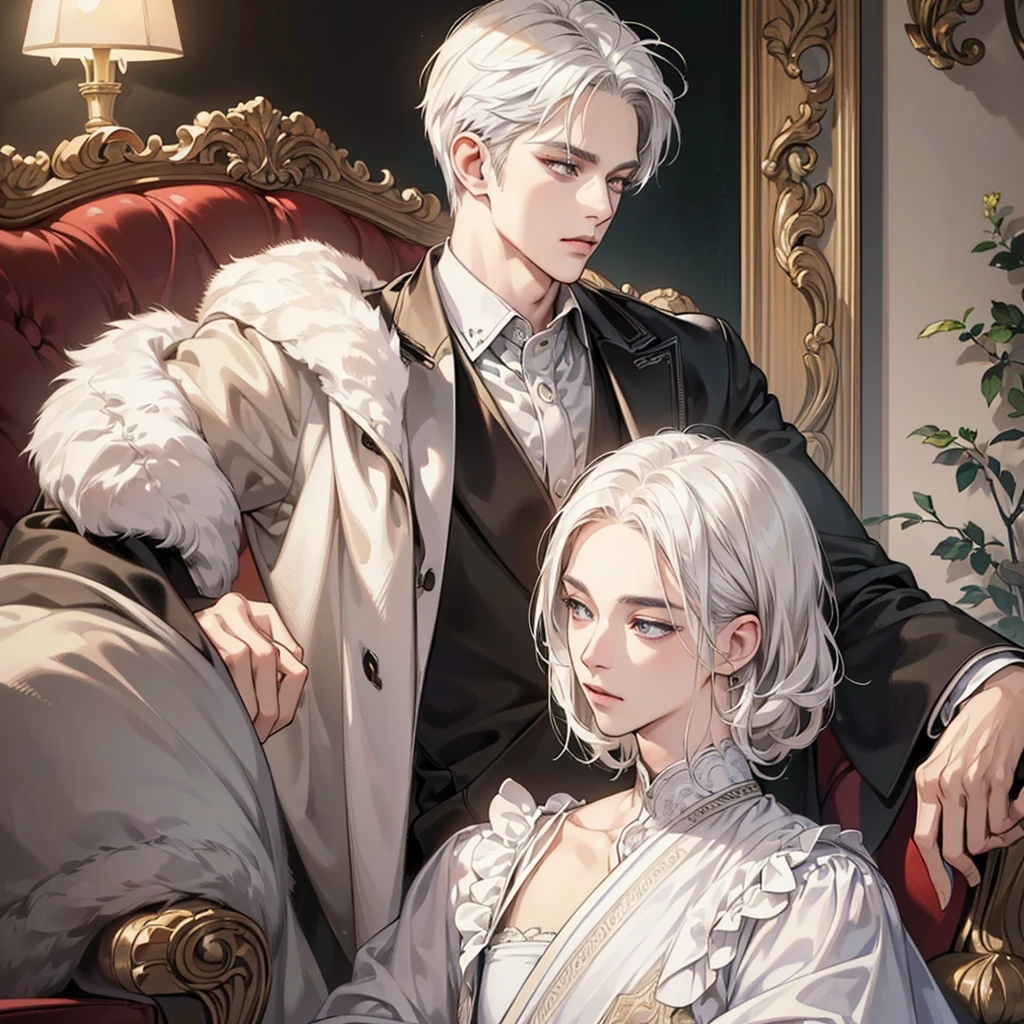 (masutepiece, Digital Art, Digital Illustration, 4K, 8K, Ultra-detailed, beautiful image, Sharp Image, Photorealistic, Raw photo, Perfect face, Perfect lines, Perfect eyes, Soft lighting) 1 Handsome men, white hair, handsome suit, Antique furniture, Antique sofa
