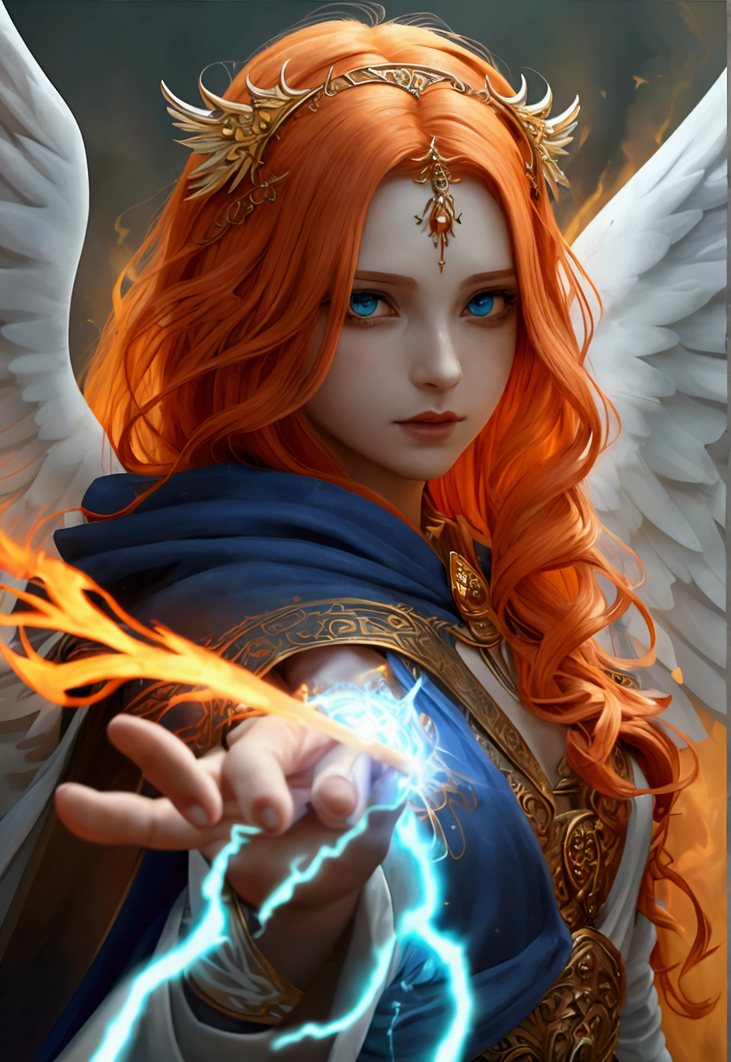 a picture  female aasimar sorceress casting a fire spell,  exremley beautiful female aasimar, orange hair, long hair, wavy hair, dynamic eyes color, angelic eyes, radiant magical eyes, ultra detailed face, spread angelic wings, white angelic wings, wearing dynamic color robe, wearing blue cloak, long cloak, flowing cloak with fire motifs,  armed with magical staff,  manipulating fire magical energy, vibrant, Ultra-high resolution, High Contrast, (masterpiece:1.5), highest quality, Best aesthetics), best details, best quality, highres, 16k, [ultra detailed], masterpiece, best quality, (extremely detailed) RAW, fantasy art, dnd art, angel_wings