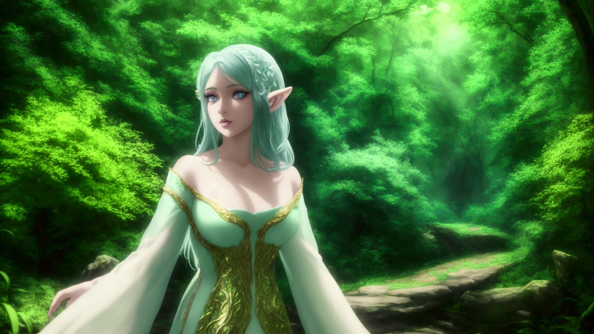 frieren, elf frieren, magic, beautiful detailed eyes, beautiful detailed lips, extremely detailed eyes and face, longeyela shes, fantasy landscape, lush forest, glowing magic, ethereal atmosphere, digital painting, cinematic lighting, vibrant colors, dramatic colors, (best quality,4k,8k,highres,masterpiece:1.2),ultra-detailed