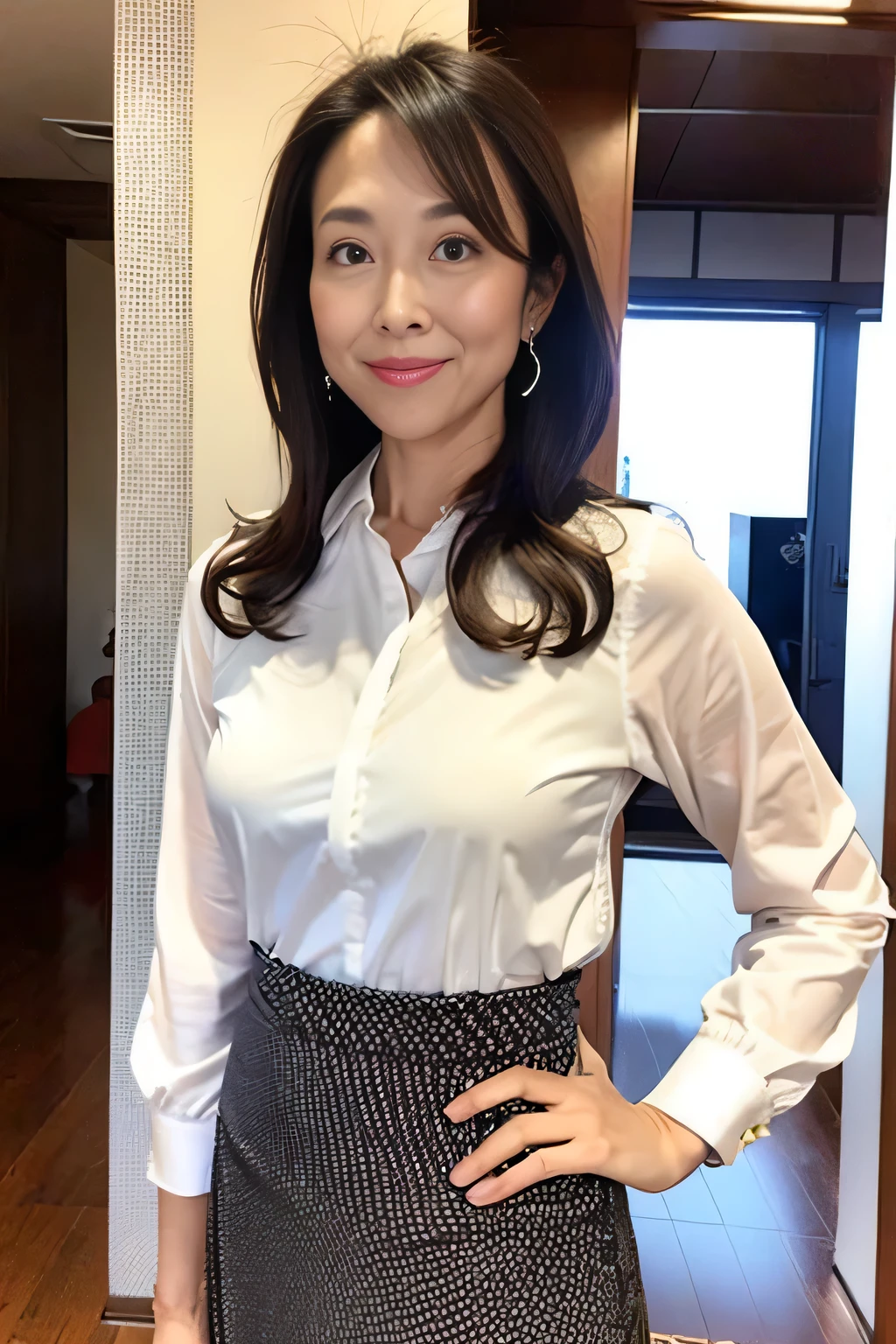 Detailed Background, masterpiece, Highest quality, 1 person , Curly Hair, Long Hair, Brown eyes, Stars in my eyes , Silver shiny blouse, Long skirt、Pencil Skirt、