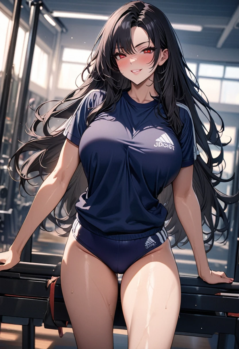 (beautiful detailed sexy style), (solo:2, 18 yo), (beautiful detailed asymmetry:1.3), (beautiful detailed black hair long hair) (best sadist cool girl, beautiful red eyes, glossy lip, best sexy smile:1.1, big tits), in a gym uniform, navy blue buruma, break, in the school gym, BREAK, perfect anatomy, masterpiece, best quality, 16k, beautiful detailed summer, daydreaming expression.