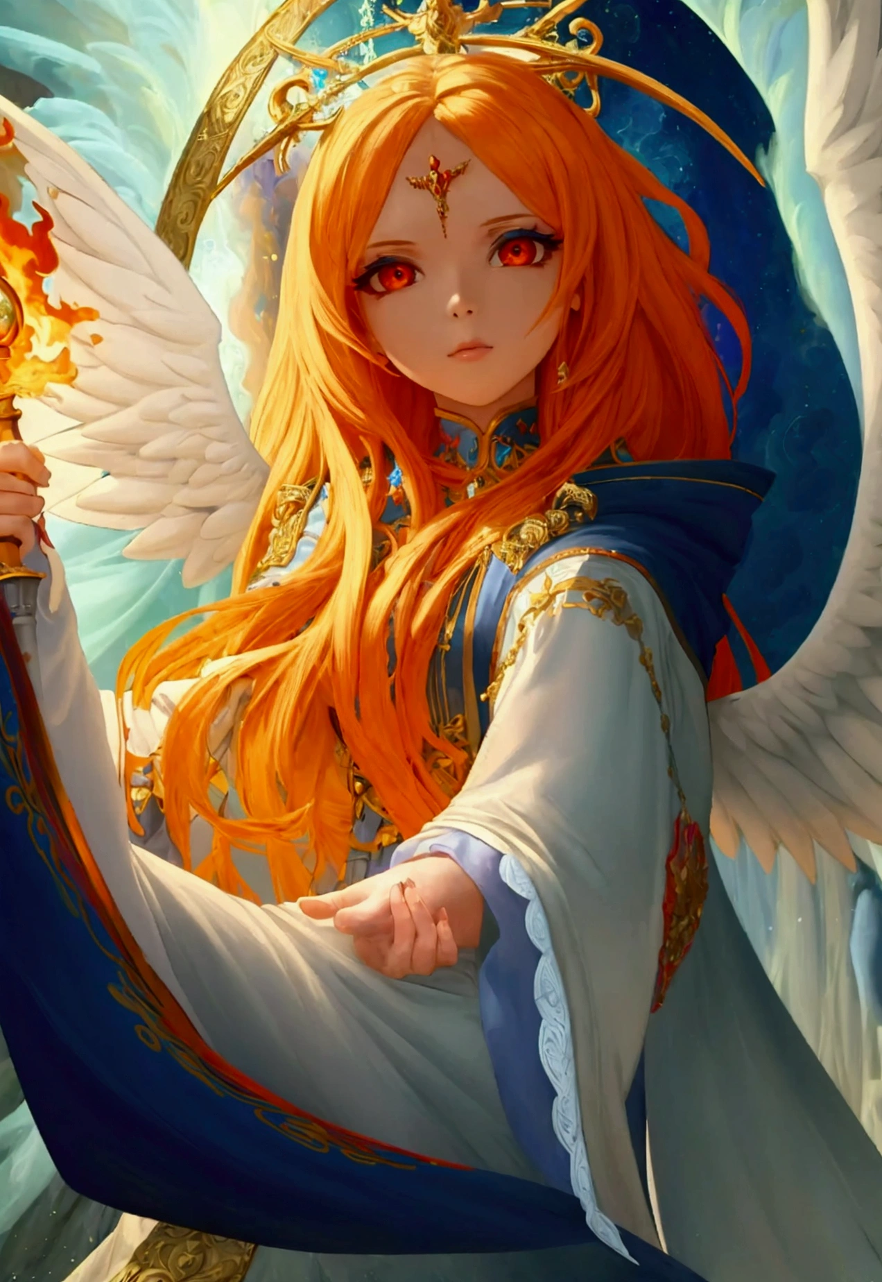 a picture  female aasimar sorceress casting a fire spell,  exremley beautiful female aasimar, orange hair, long hair, wavy hair, dynamic eyes color, angelic eyes, radiant magical eyes, ultra detailed face, spread angelic wings, white angelic wings, wearing dynamic color robe, wearing blue cloak, long cloak, flowing cloak with fire motifs,  armed with magical staff,  manipulating fire magical energy, vibrant, Ultra-high resolution, High Contrast, (masterpiece:1.5), highest quality, Best aesthetics), best details, best quality, highres, 16k, [ultra detailed], masterpiece, best quality, (extremely detailed) RAW, fantasy art, dnd art, angel_wings