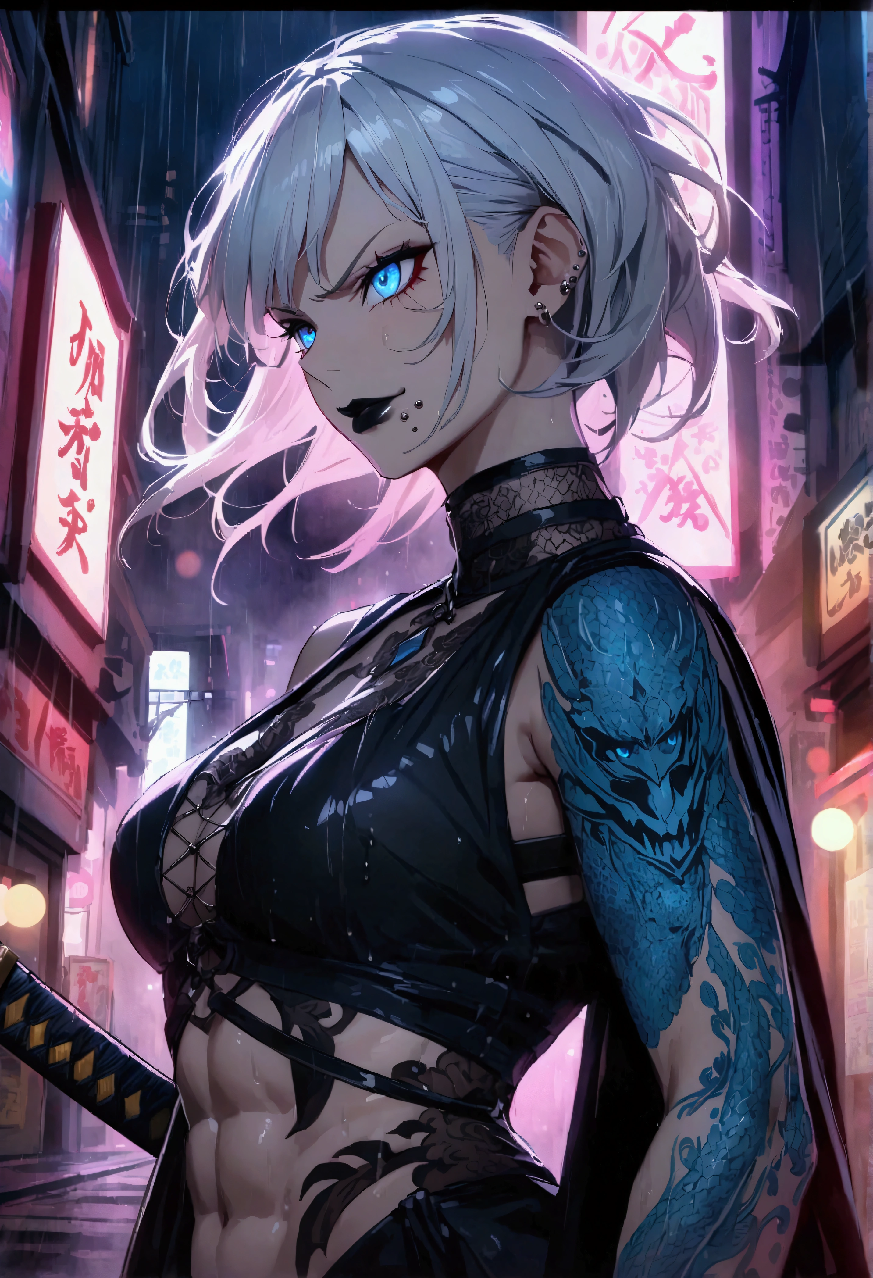 (anime women), dark outfit with red and blue details, white hair with black bangs, (neon blue dragon eyes) standing in a rain soaked, city street at night, cinematic lighting (best quality:1.2)detailed, neon lights, vivid colors,bokeh, angry looking face with smirk on mouth, piercing, ABS, ((face piercing)), gaze, 4k, particles in the air, powers, amazing art work full of details, dynamic movement, (black lips), with katana, tattoos
