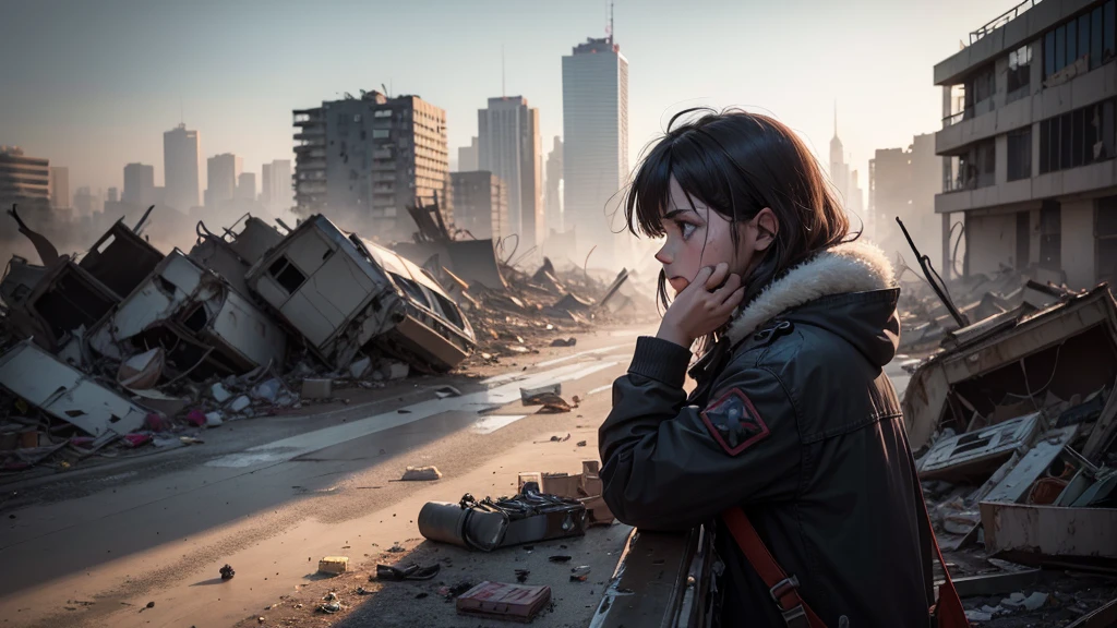 "In the heart of the devastated city, a lone survivor sifts through the debris, searching for anything salvageable. The expression of despair and hopelessness is evident on their face as they navigate the wreckage."
