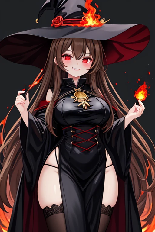 A Beautiful and Tall Girl, with Long Light-Brown Hair, Pretty Red Eyes, and a Curvy Figure. Wearing a Pyromancer Outfit, with a Red and Black Color scheme and accents of Gold, as well as a Worn and Slightly Burnt Black Witch Hat. She is close to the camera and strikes a Mischievous Grin,