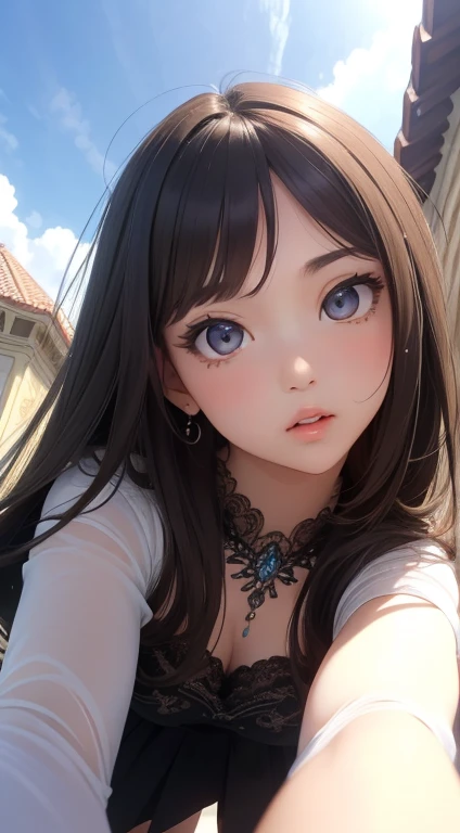 (masterpiece, best quality, ultra high res, beautiful detailed hair detailed face, perfect feminine face), view from below, upskirt, 