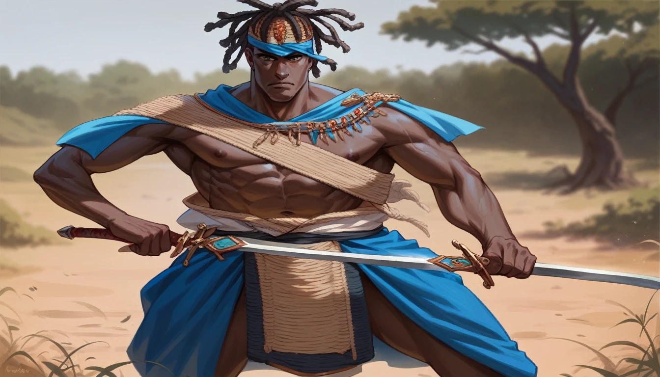 African warrior man, dressed like a warrior, your clothes are blue, he puts up a sword and is very serious