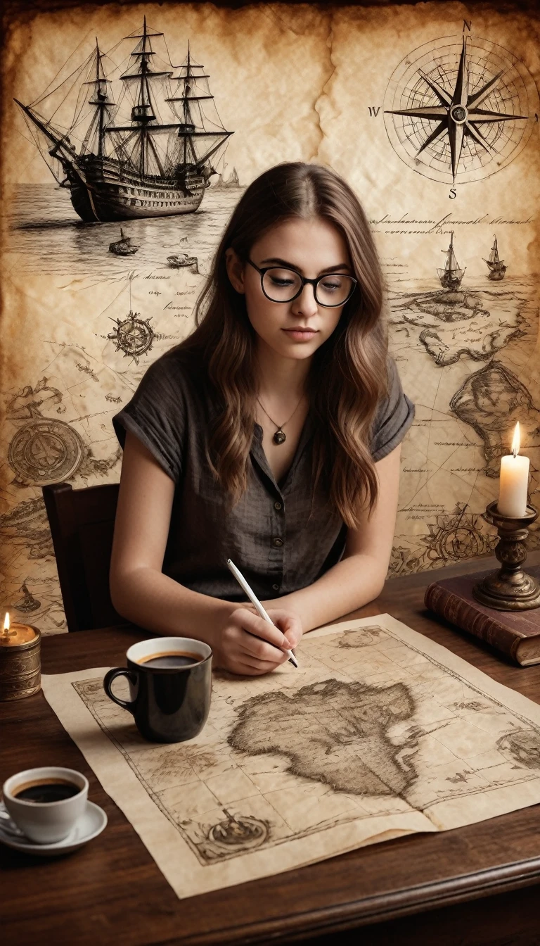 Portrait of a beautiful modern girl with glasses at the table, writing text on a sheet of parchment, porcelain cup of hot black coffee and a candlestick with lit candles next to parchment, beautiful graceful hands with beautiful fingers, concentrated thoughtful look; Drawn on paper,sketch,old parchment,pencil sketch,Stereoscopic light and shadow,Against the backdrop of a fantasy world, image of a girl on the bottom right in the center of the picture at the edge,
(Detailed map of Treasure Island on ancient parchment, Rose of Wind, compass), documentation,Rich and delicate touches,