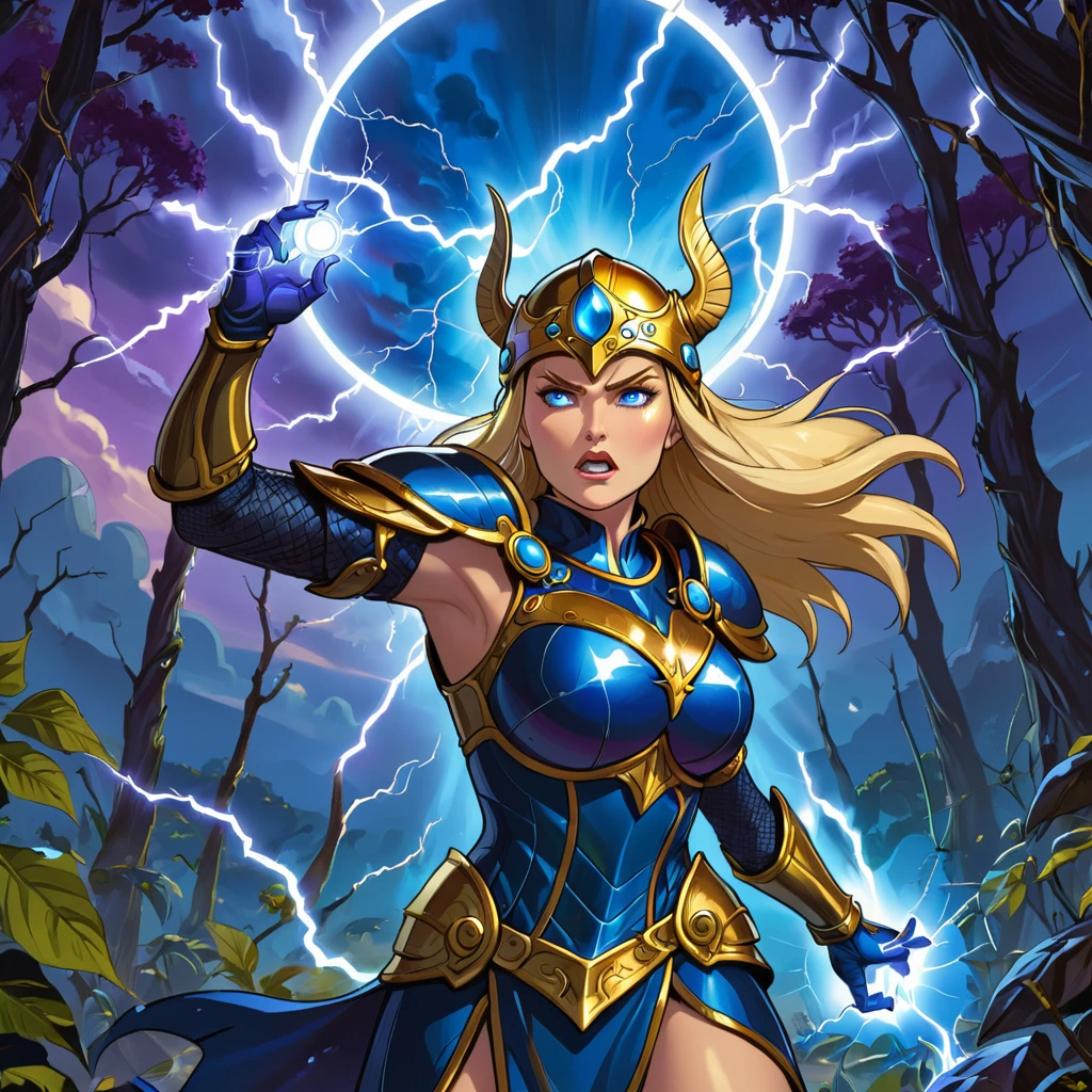 A blonde woman, (glowing blue eyes), she wears (shiny dark blue armor) with gold trim, reflective surface, intricate details, Viking helmet covers her head, boob window. Stern expression, (detailed hands and fingers, gold gauntlet). She stands firmly on the ground with one arm outstretched with lightning shooting from her hand towards a target off screen, bright blue electricity shoots from her hand, lightning bolt shoots from her hand. dynamic exaggerated poses. Eternia background, multicolor sky, 3 moons in the sky, multiple moons.in a thick dark jungle, vines, purple trees, blue leaves. dramatic shadows. 