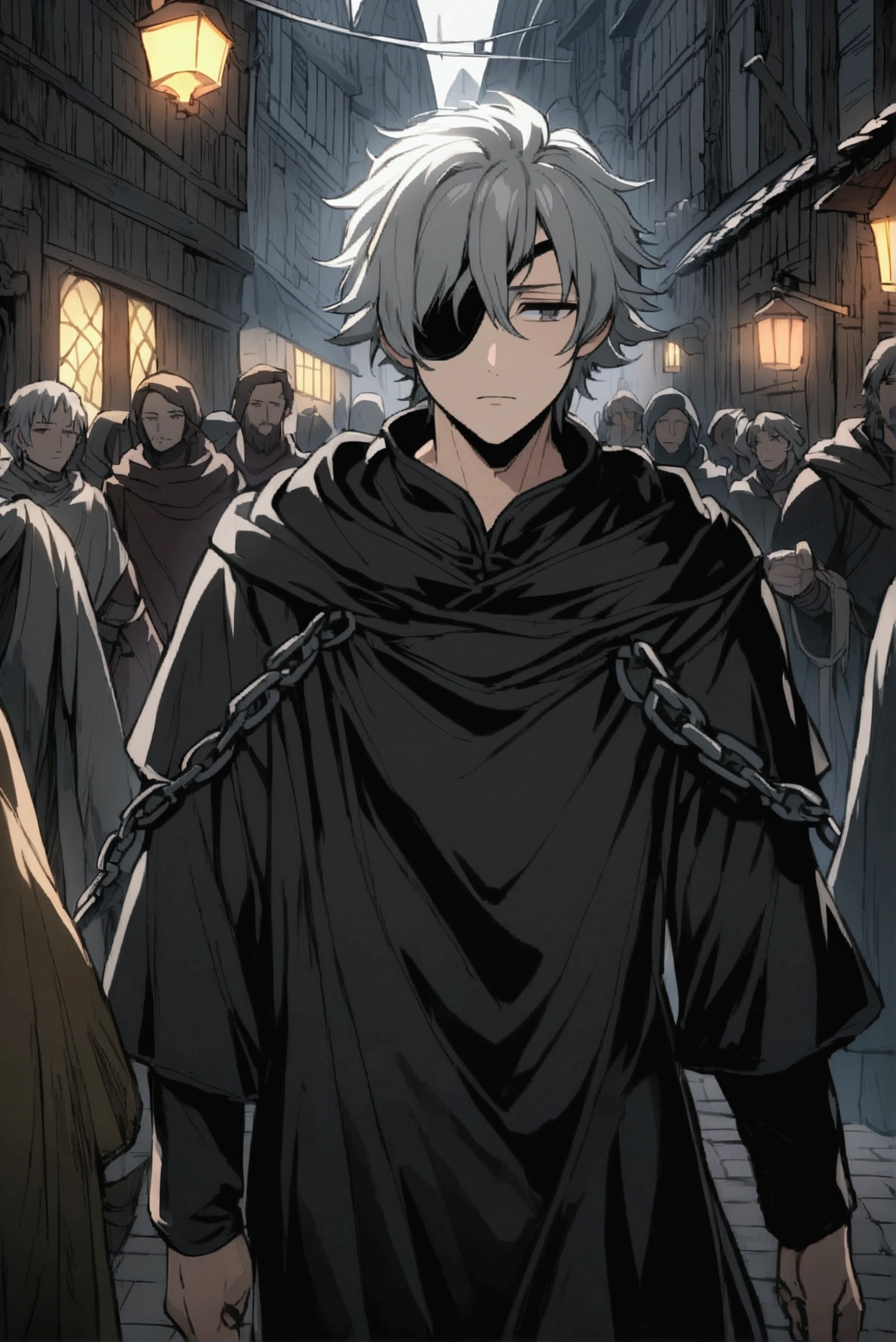 Anime character, a man, medieval era. Young man, 20 years old, large body, cold gaze, cold expression, messy short gray hair, ponytail, left eye patch, black clothes, black shirt, dark cape with hood, chains. frontal camera. Walking on a fantasy medial street, crowded with people.