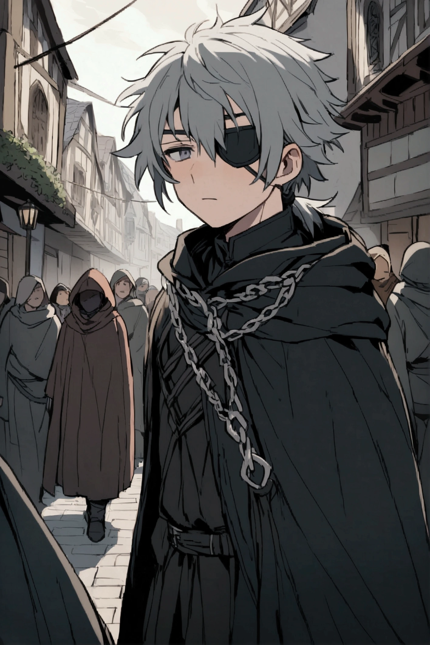 Anime character, a man, medieval era. Young man, 20 years old, large body, cold gaze, cold expression, messy short gray hair, ponytail, left eye patch, black clothes, black shirt, dark cape with hood, chains. frontal camera. Walking on a fantasy medial street, crowded with people.