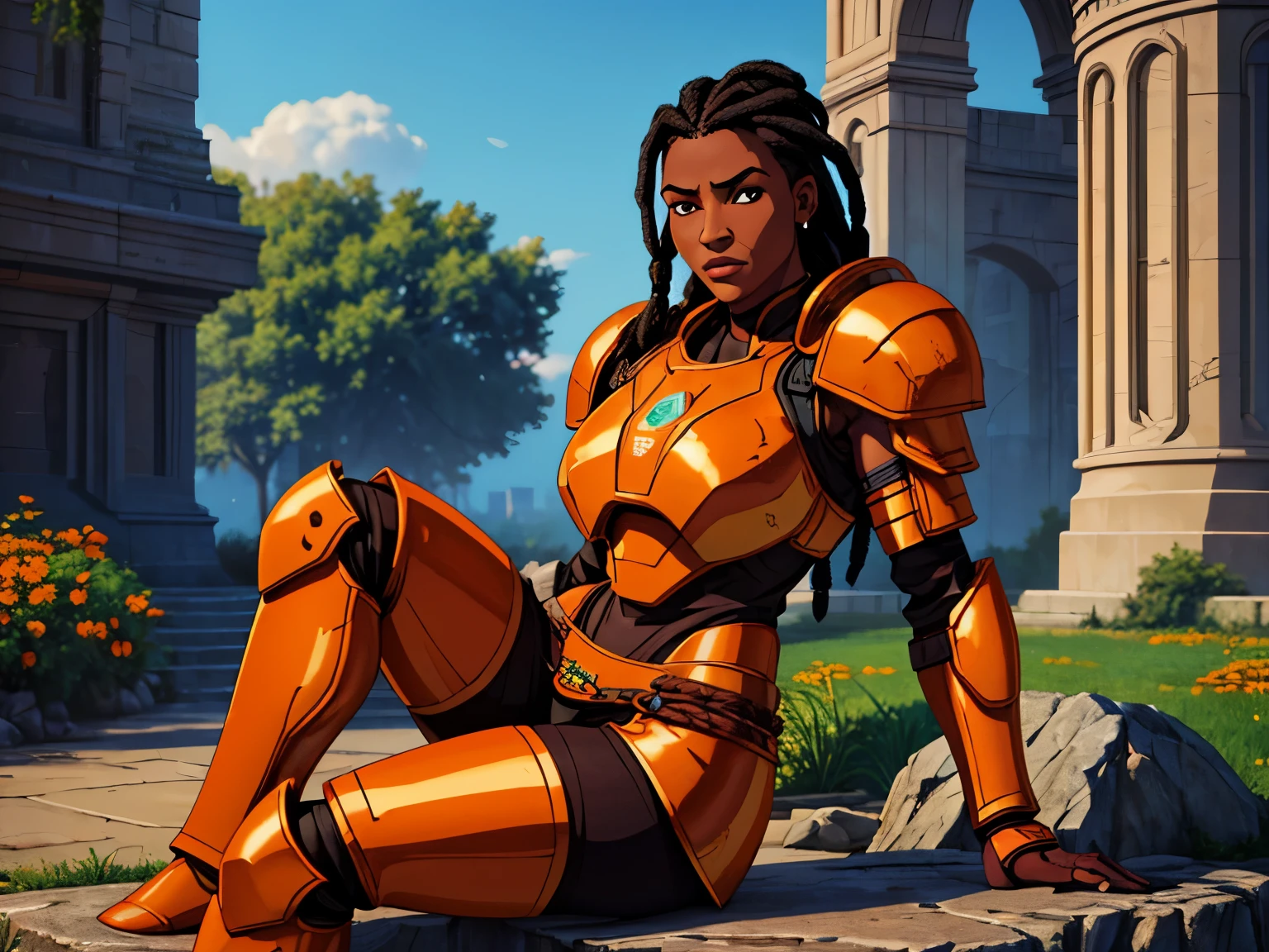 Close up of African woman with (short black dreadlocks), dark skin, black hair pulled back, wearing a (heavy (orange mechanical armor), orange power armor covering her chest and arms, orange breast plate), with large (round orange shoulder pads), chipped paint, (visible wires and gears connect the shoulder pads to the armored gloves), wires and cables run down her arms. (bare hips, bare thighs, bare legs). Fur trim. Loincloth, (barbarian fur:1.1). Castle ruins background, large broken stones litter the area. Show her sitting on a stone bench, doing maintenance on her armor, looking down. multicolor sky, colorful clouds. (best quality,4k,8k,highres,masterpiece:1.2), ultra-detailed, (realistic,photorealistic,photo-realistic:1.37),(Numerous award-winning masterpieces, incredibly detailed and textured, maximal resolution and clarity), (Hyper-realistic:1.4), (Realistic:1.3), super quality, beautiful detail, super detailed, extra fine, 16K, exquisite, absurd, high resolution