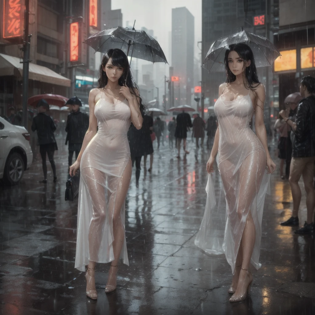 1 woman standing in the rain completely wet wearing a long loose white strappy dress totally wet from the rain., long hair. Nice detailed face, big eyes. slim sensual body. high heels shoes. Cyberpunk city raining. Whole body. (1 woman). dynamic pose. real details. realistic. film photography.