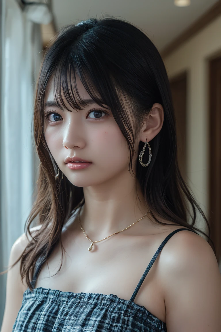 (Highest quality:1.4),(masterpiece:1.4),(Realistic:1.4),(Realistic:1.2),(超High resolution, RAW Photos:1.4),(High resolution, Ultra-detailed:1.2),(8k:1.2),View your viewers,Cinematic photography,One girl,skeletally correct,Black-haired woman,Woman in her early 20s,(Small earrings,necklace,Checkered tube top dress),(Western-style building interior,Dimly lit room,The lamplight shines on my cheeks)