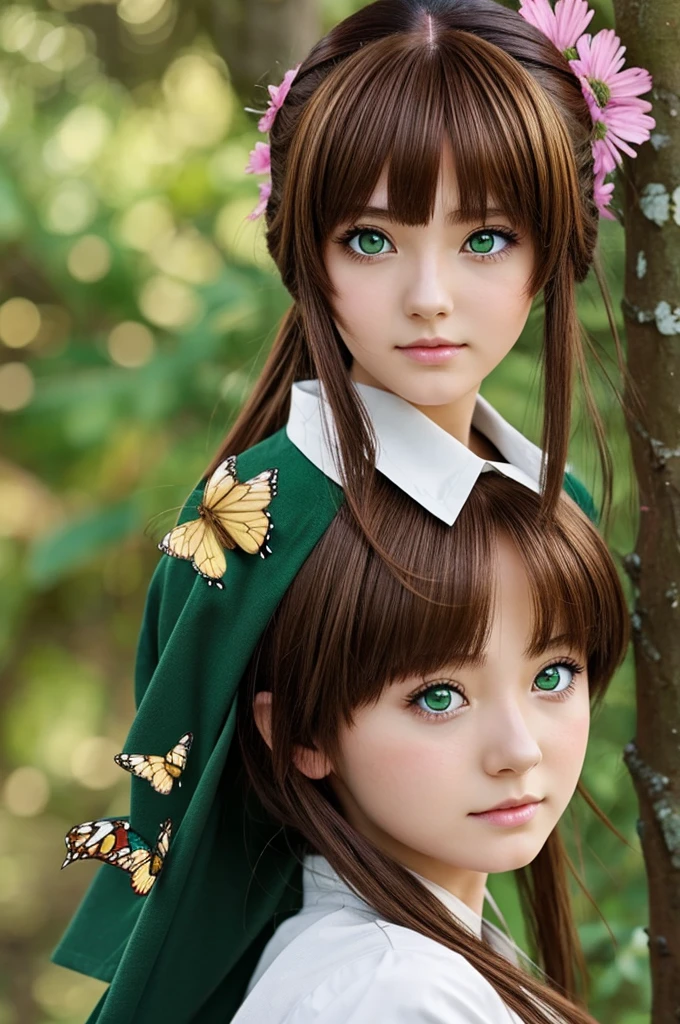 Brown-haired anime girl with butterfly bangs, green eyes, with the style of the anime kimetsu no yaiba