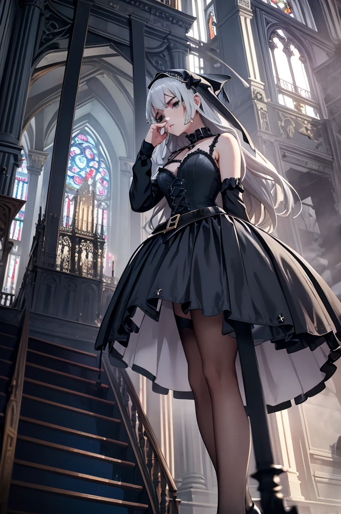 Church saint glass corset(dress),higheels,Gothic, veil,religious witch,chocker,GtsGiga,Rampage, cityscape,camera panning up intense low angle,gratebelt,lwcey pantyhose,smug holier than you attitude,judgemental stare,furrowed brow,best quailty,masterpiece