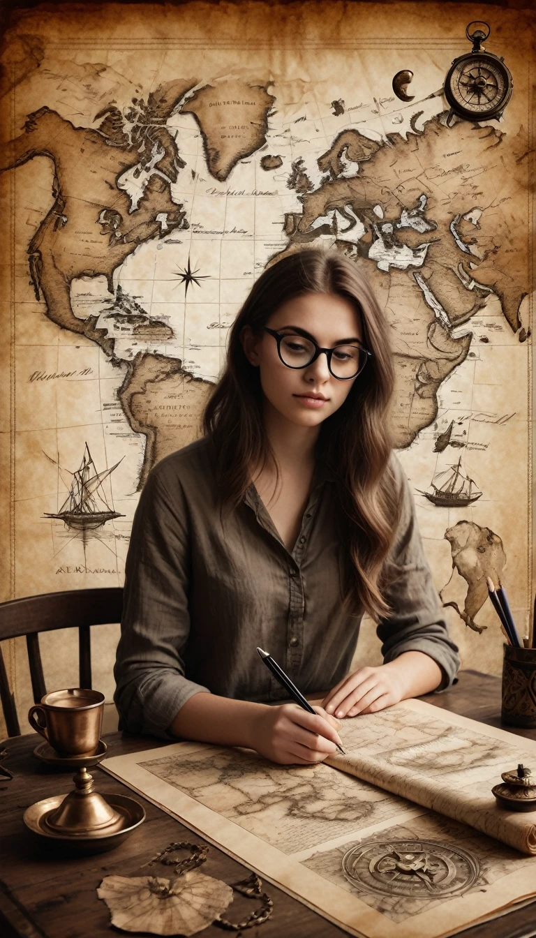 Portrait of a beautiful modern girl with glasses at the table, writing text on a sheet of parchment, porcelain cup of hot black coffee and a candlestick with lit candles next to parchment, beautiful graceful hands with beautiful fingers, concentrated thoughtful look; Drawn on paper,sketch,old parchment,pencil sketch,Stereoscopic light and shadow,Against the backdrop of a fantasy world, image of a girl on the bottom right in the center of the picture at the edge,
(Detailed map of Treasure Island on ancient parchment, Rose of Wind, compass), documentation,Rich and delicate touches,
