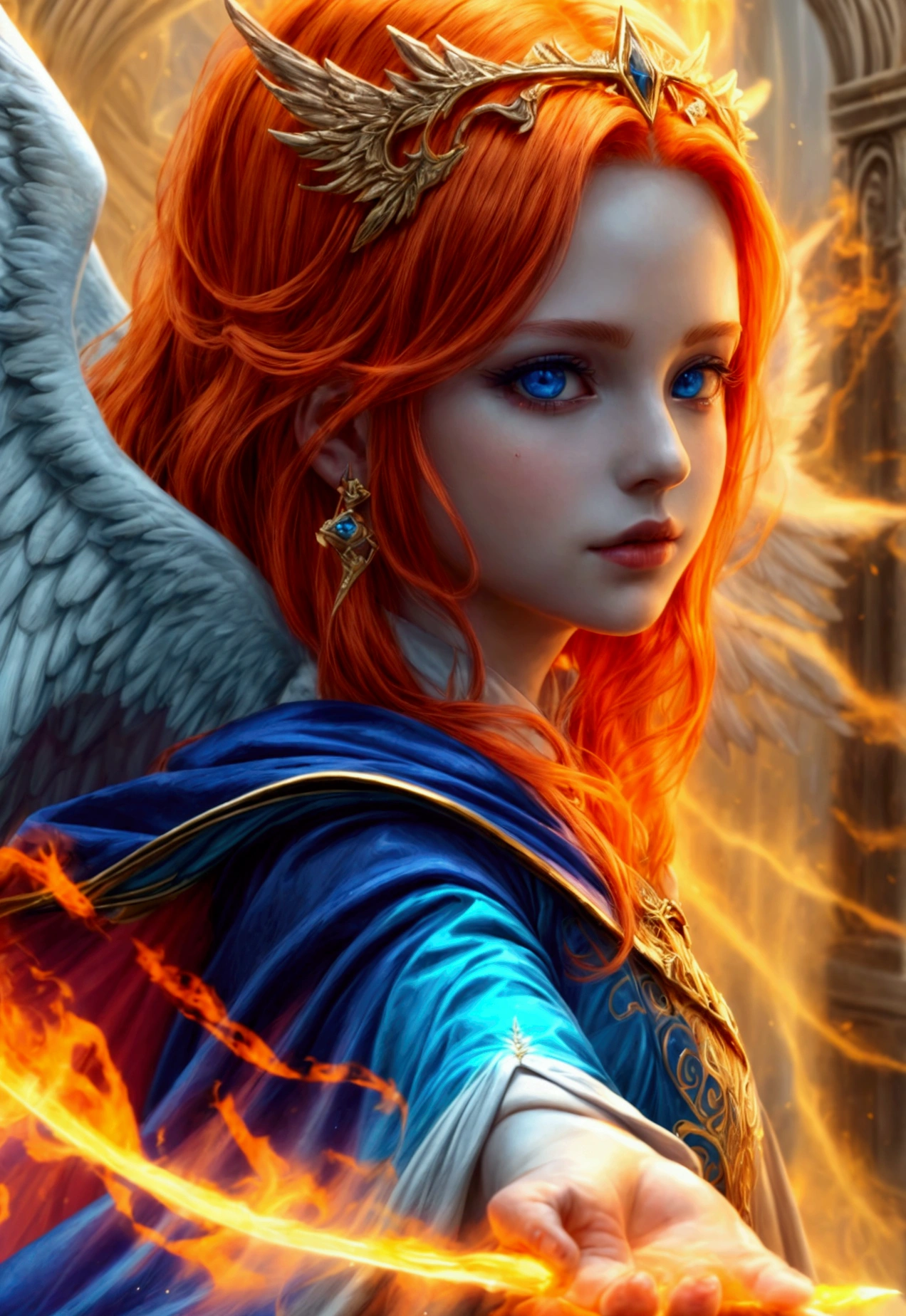 a picture  female aasimar sorceress casting a fire spell,  exremley beautiful female aasimar, orange hair, long hair, wavy hair, dynamic eyes color, angelic eyes, radiant magical eyes, ultra detailed face, spread angelic wings, white angelic wings, wearing dynamic color robe, wearing blue cloak, long cloak, flowing cloak with fire motifs,  armed with magical staff,  manipulating fire magical energy, vibrant, Ultra-high resolution, High Contrast, (masterpiece:1.5), highest quality, Best aesthetics), best details, best quality, highres, 16k, [ultra detailed], masterpiece, best quality, (extremely detailed) RAW, fantasy art, dnd art, angel_wings