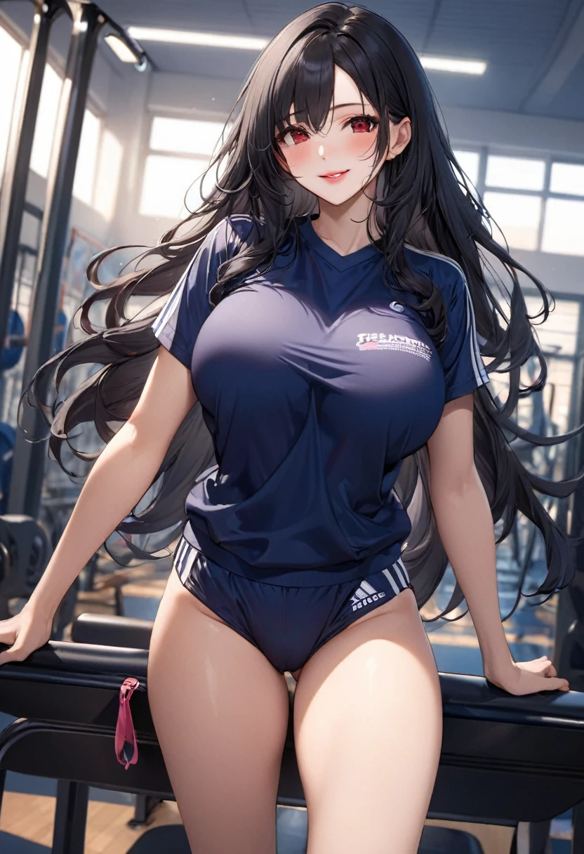 (beautiful detailed sexy style), (solo:2, 18 yo), (beautiful detailed asymmetry:1.3), (beautiful detailed black hair long hair) (best sadist cool girl, beautiful red eyes, glossy lip, best sexy smile:1.1, big tits), in a gym uniform, navy blue buruma, break, in the school gym, BREAK, perfect anatomy, masterpiece, best quality, 16k, beautiful detailed summer, daydreaming expression.
