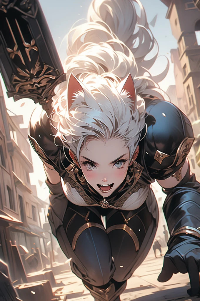 1girl, cat ears, white hair, full plate, war hammer, ready to pounce, ready to jump, teeth, knight