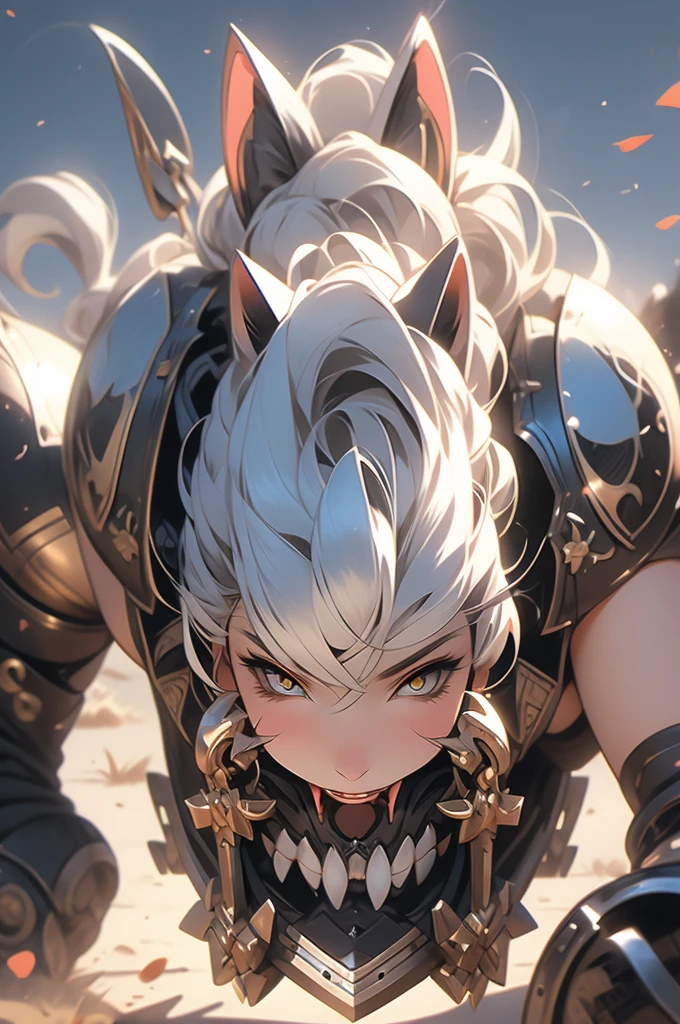 1girl, cat ears, white hair, full plate, war hammer, ready to pounce, ready to jump, teeth, knight