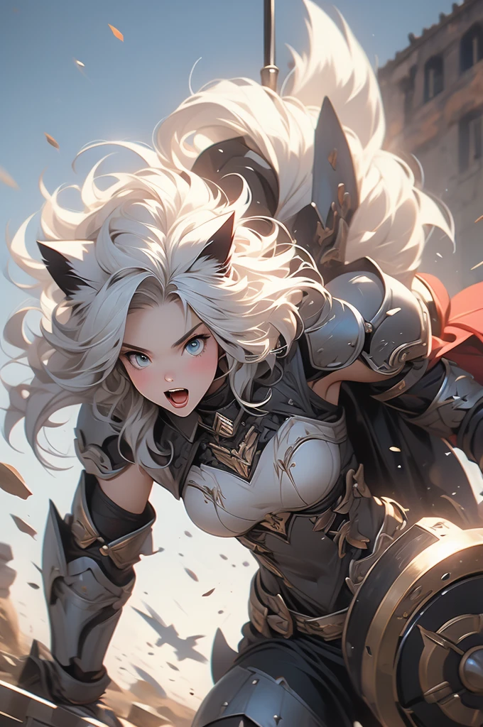 1girl, cat ears, white hair, full plate, war hammer, ready to pounce, ready to jump, teeth, knight