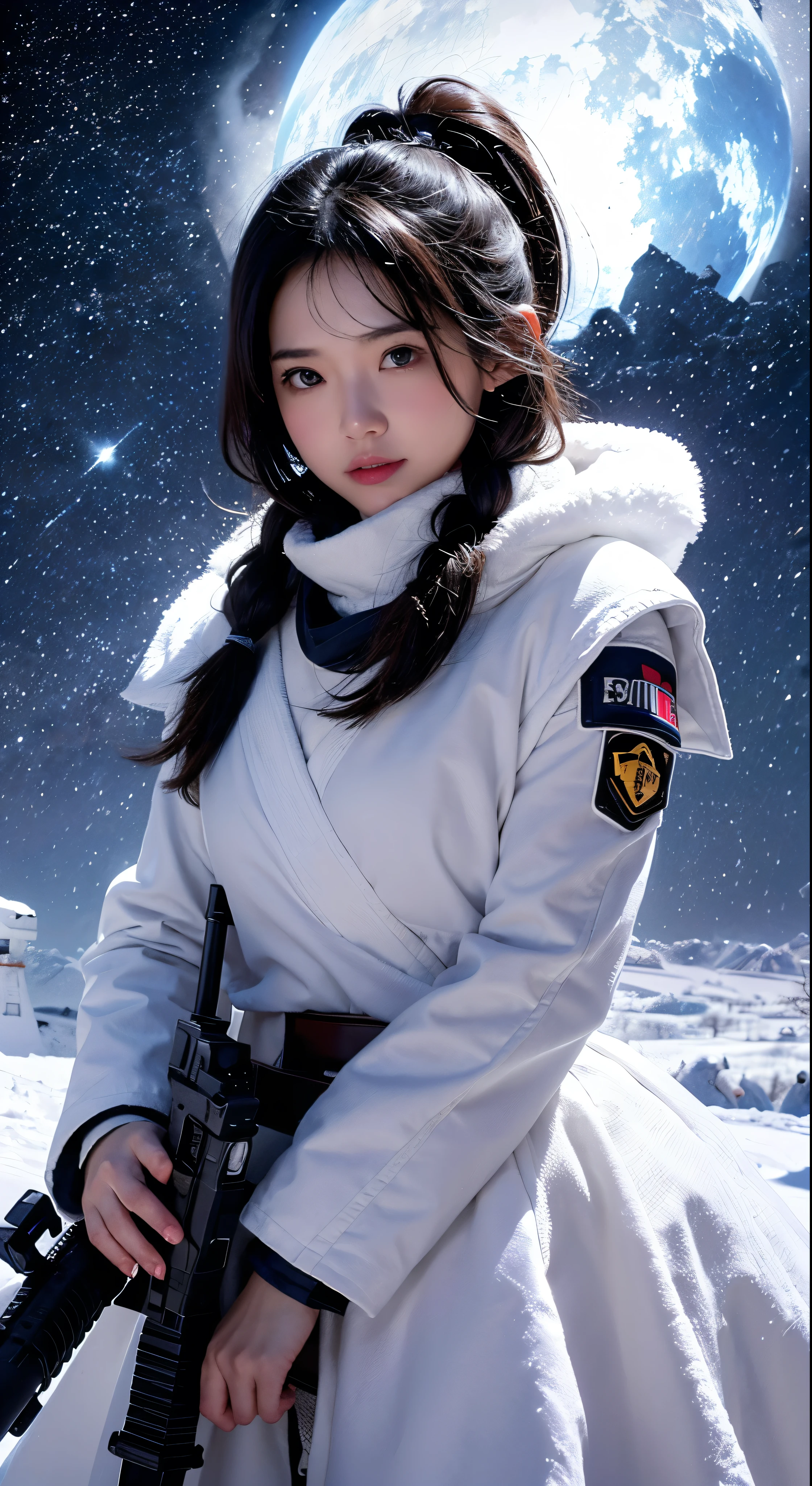 High-resolution images、8k resolution、Highest quality、masterpiece:1.2、Real、Photorealistic:1.37、Super detailed、Highest quality、Ultra-high resolution、Professional Lighting、Photon Mapping、Good composition、Facial details:1.2、35mm lens:1.25、(Tusken Raider)+、ice planet、There is a blizzard of snow、A Star Destroyer appears in the sky、Shoot right with blaster rifle、Shoot with yellow body armor
